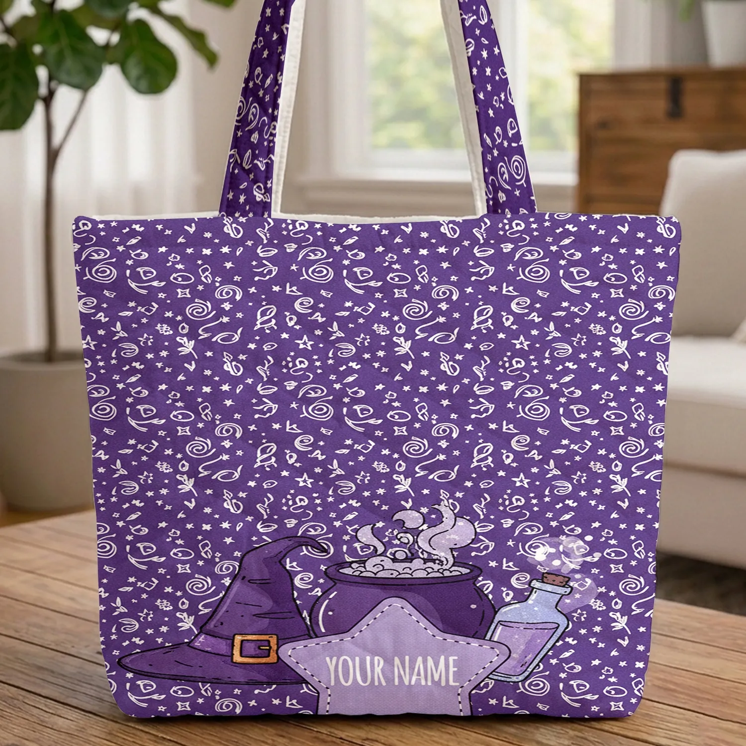 Witchy Hat Cauldron Potion Bottle Star Personalized Everyday Carry Gift Quilted Tote Bag - 1