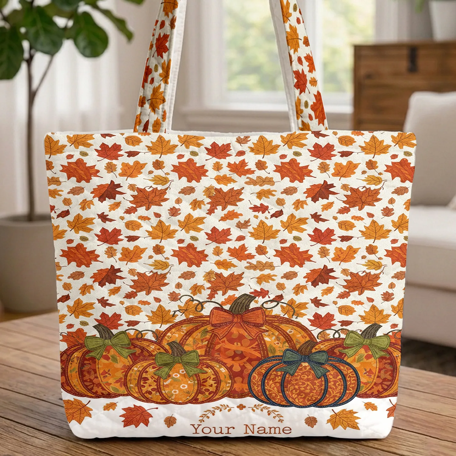 Ornate Pumpkins Autumn Leaves Floral Wreath - Fall Harvest Everyday Carry Gift Quilted Tote Bag - 1