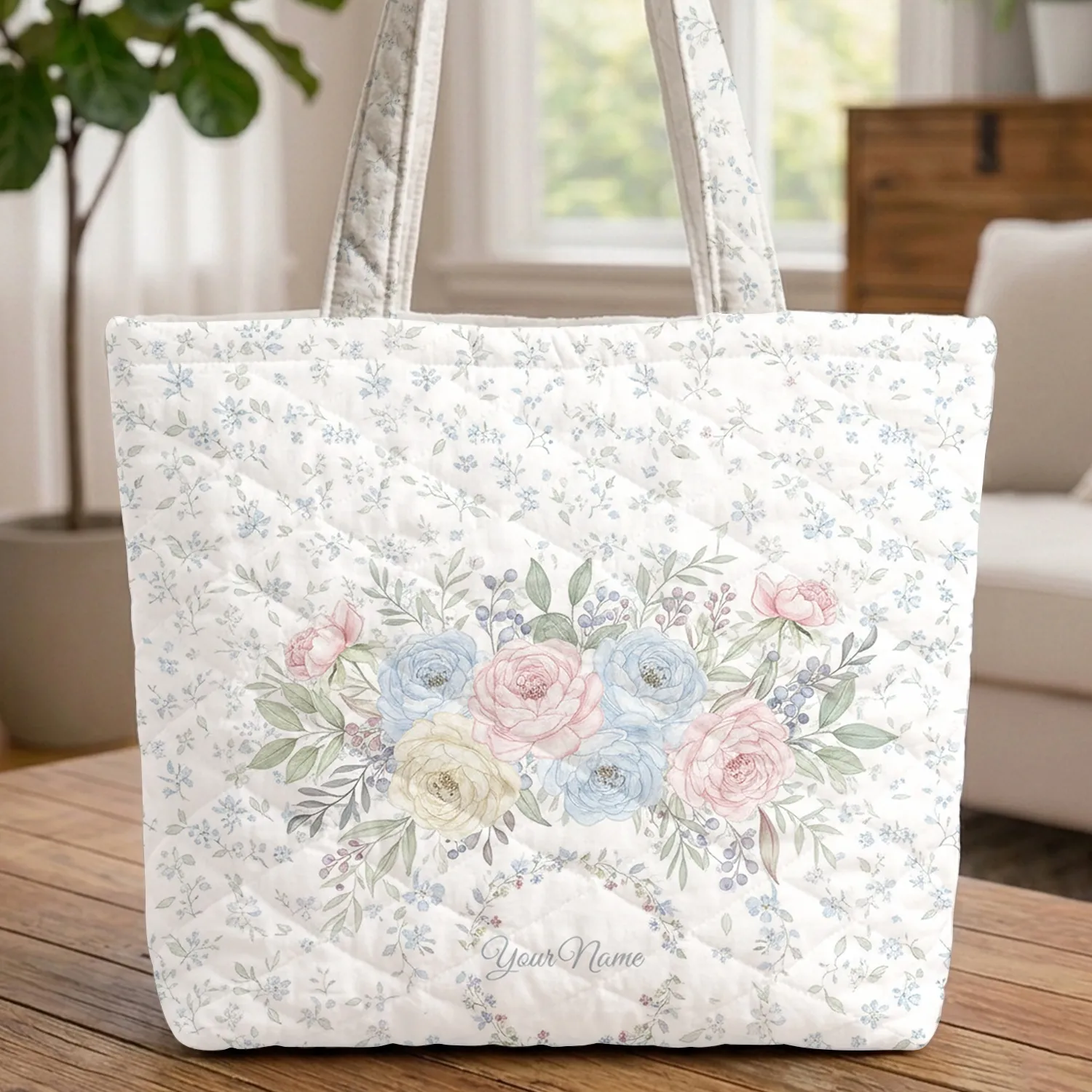 Forget-Me-Nots Roses Peonies Garden Flowers Floral Bouquet Everyday Carry Gift Quilted Tote Bag - 1