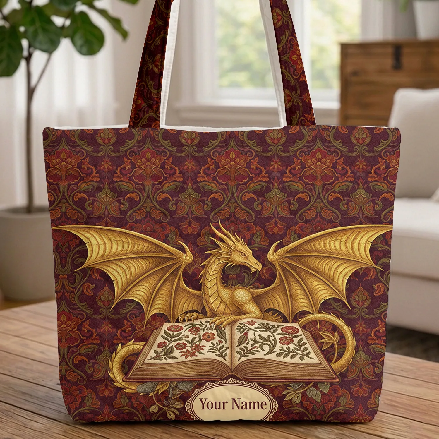 Golden Medieval Dragon Open Book Rose Vines Botanical Damask - Everyday Carry Gift Quilted Tote Bag - 1