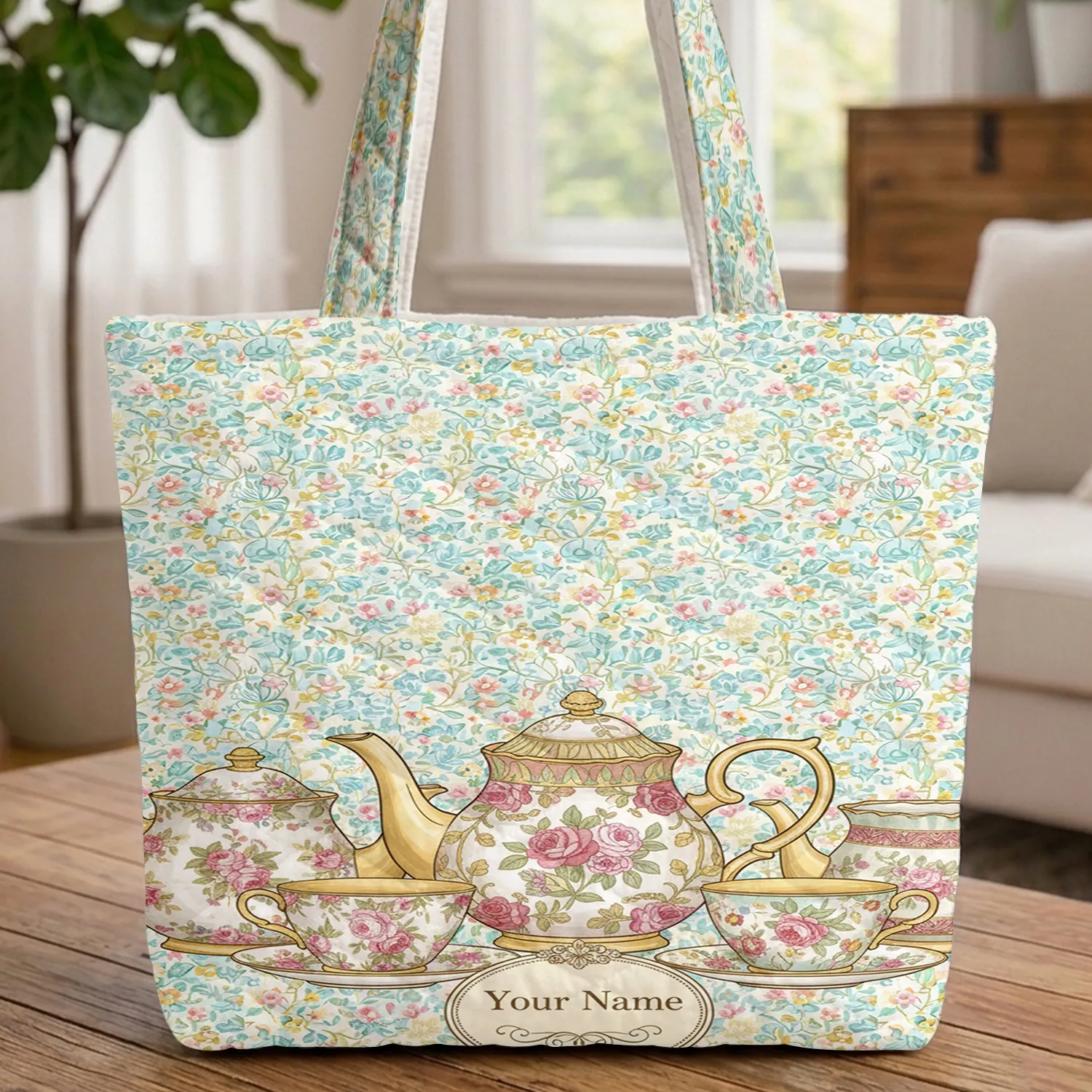 Ornate Vintage Teapots Teacups Floral Botanical Vines Medallion - Everyday Carry Gift Quilted Tote Bag - 1