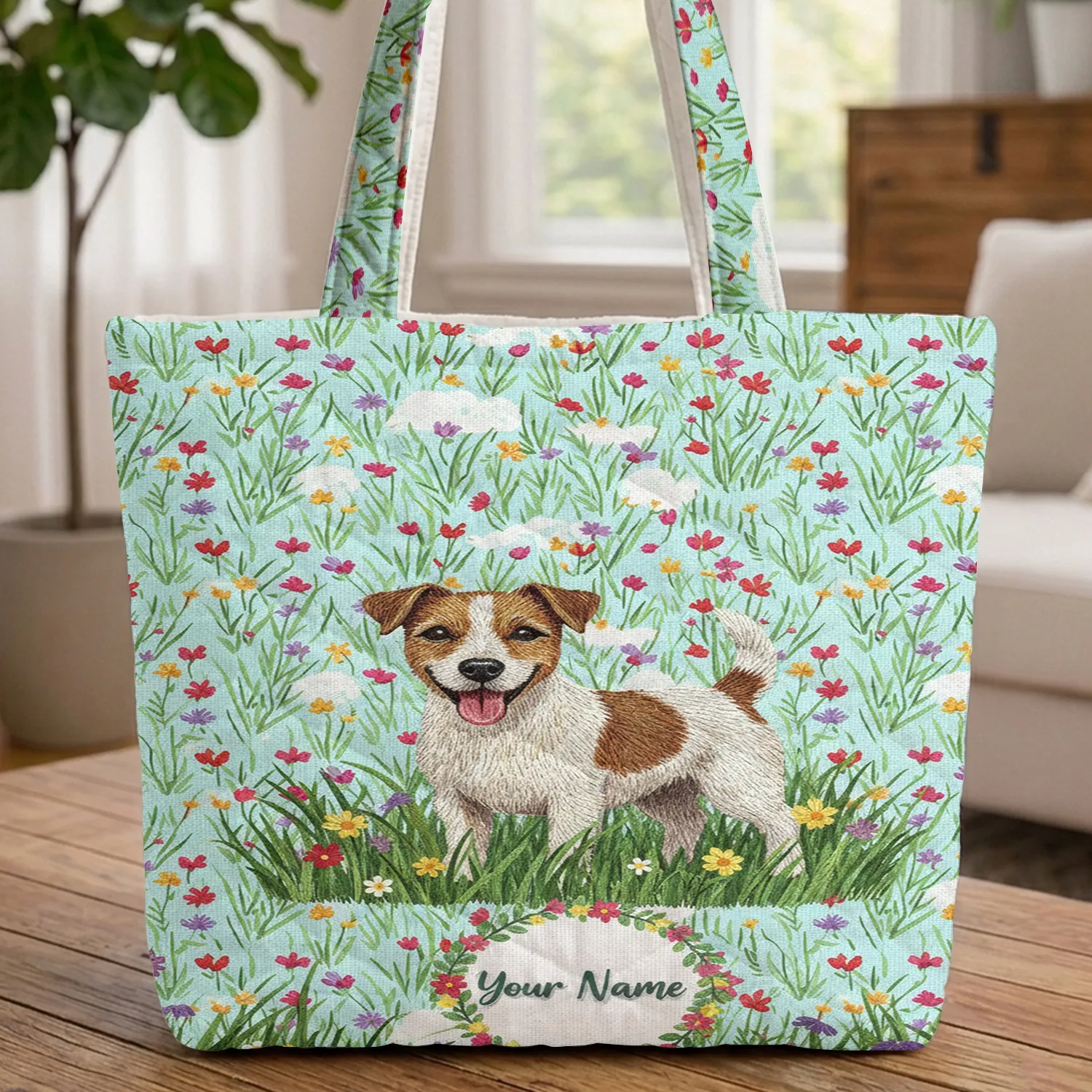 Jack Russell Terrier Wildflower Meadow Floral Wreath Personalized Everyday Carry Gift for Dog Lover Quilted Tote Bag - 1