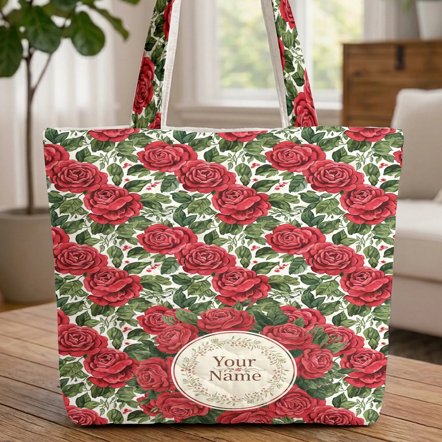 Rose Floral Wreath Personalized Name - Everyday Carry Gift for Rose Lover Quilted Tote Bag - 1