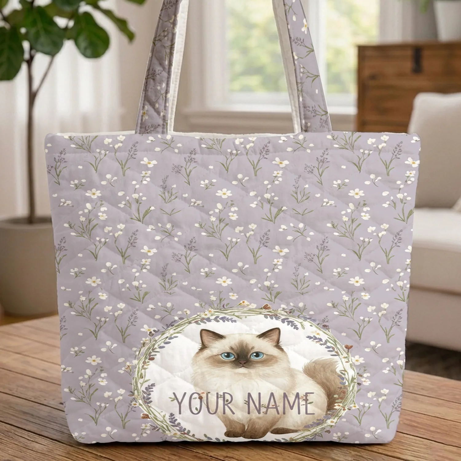 Fluffy Ragdoll Cat Lavender Wildflower Personalized - Everyday Carry Gift for Cat Lover Quilted Tote Bag - 1