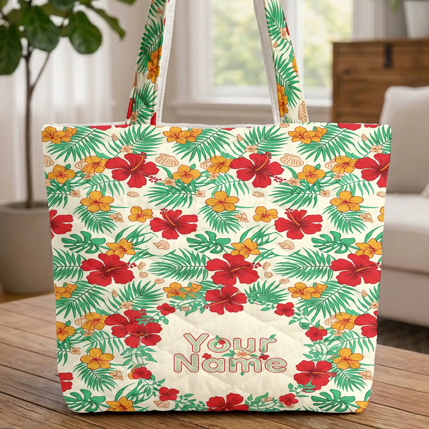 Personalized Tropical Hibiscus Floral Wreath Seashells - Travel Essentials Gift Quilted Tote Bag - 1