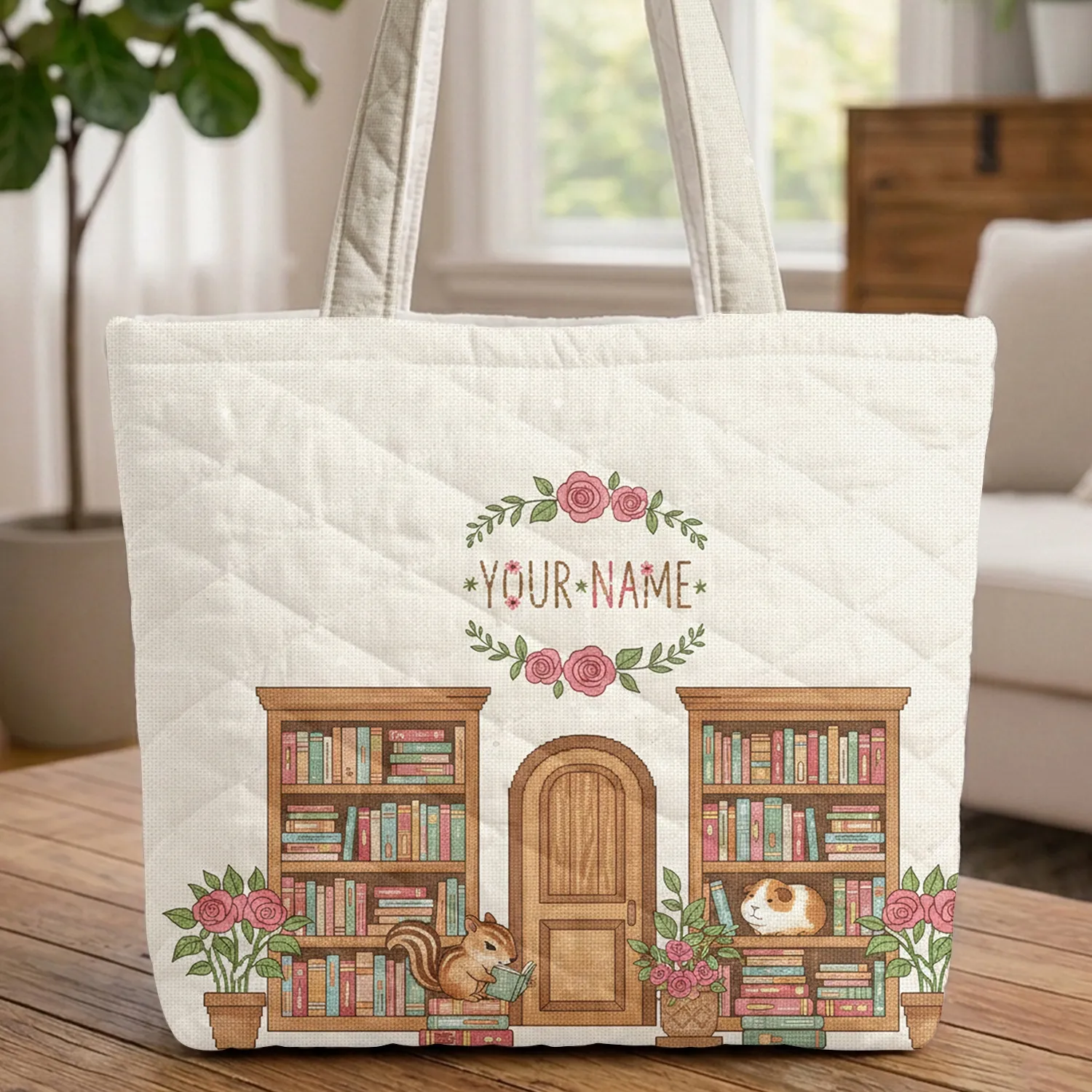 Book Store Vignette Chipmunk Guinea Pig Floral Wreath - Everyday Carry Book Lover Gift Quilted Tote Bag - 1