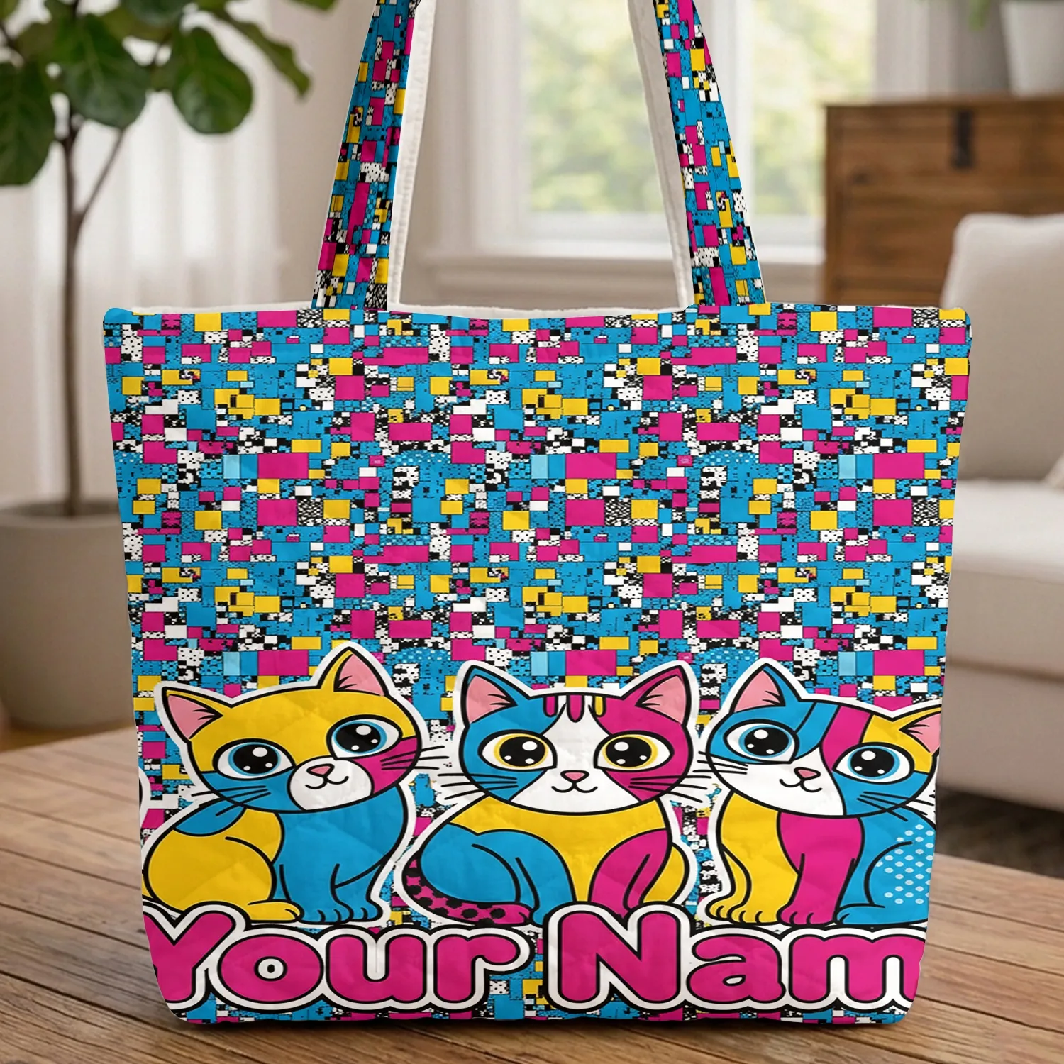 Color Block Cats Patchwork Shapes - Everyday Carry Gift for Cat Lover Quilted Tote Bag - 1