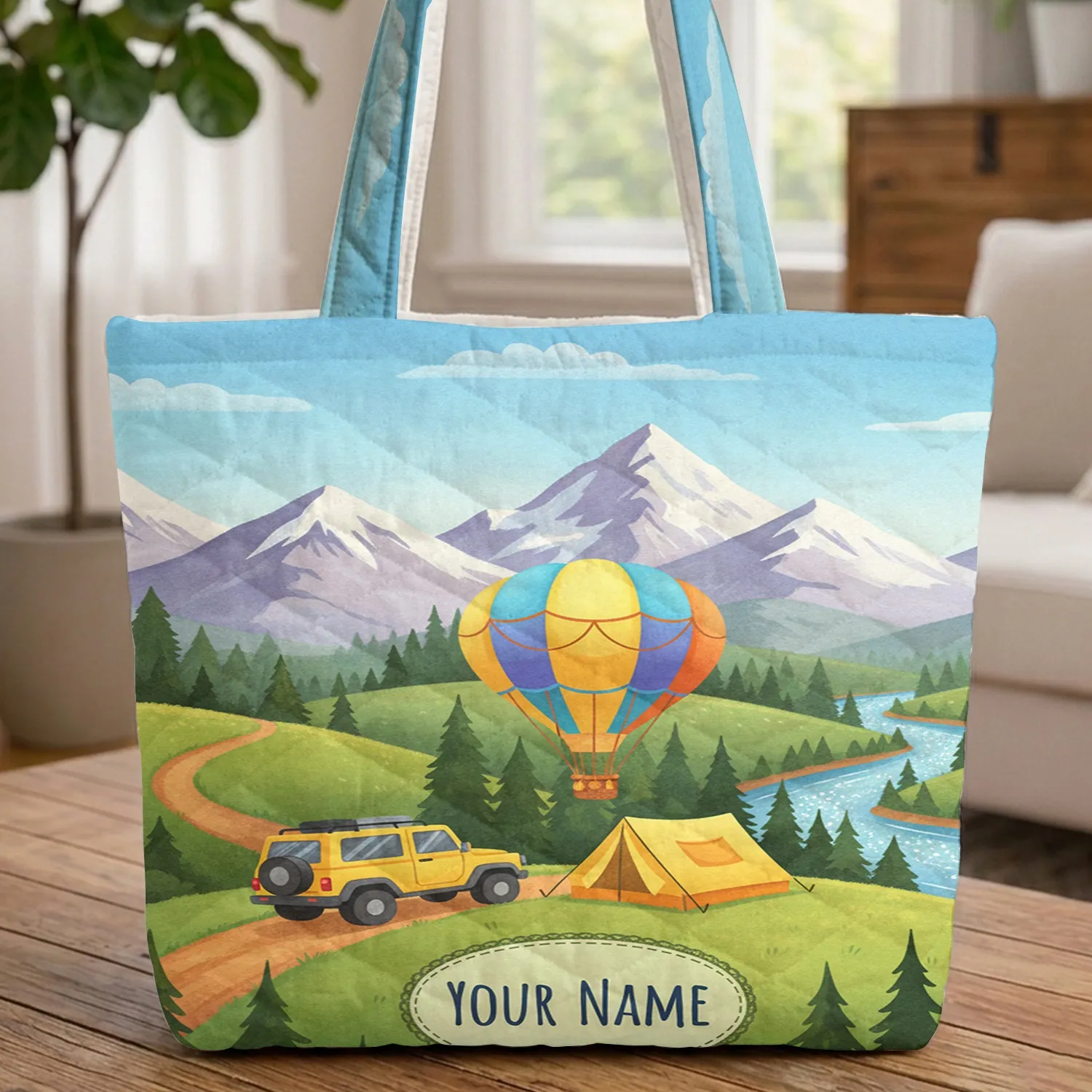 Personalized Adventure Mountain River SUV Tent Balloon - Travel Essentials Gift Quilted Tote Bag - 1
