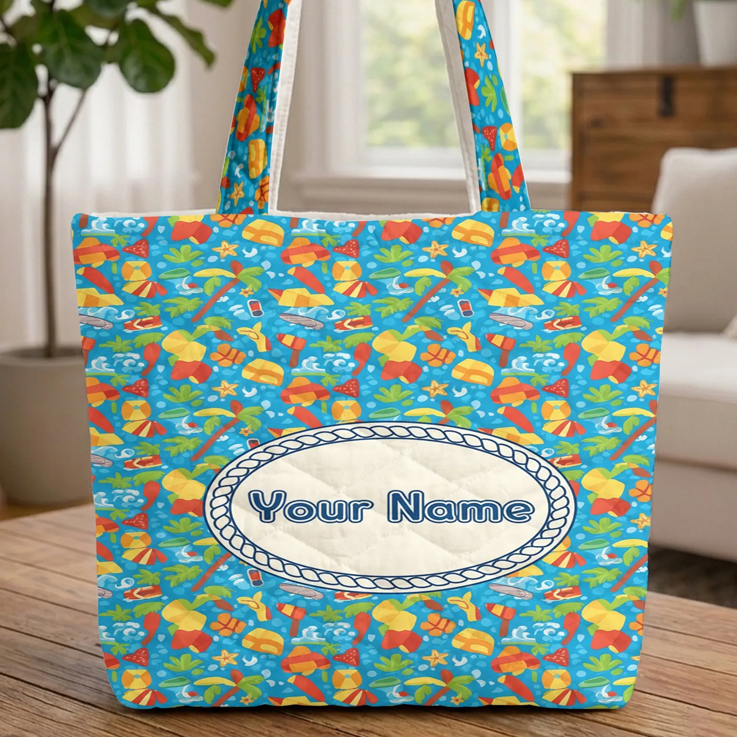 Tropical Beach Scene Palm Tree Ocean Waves Your Name - Vacation Travel Essentials Quilted Tote Bag - 1