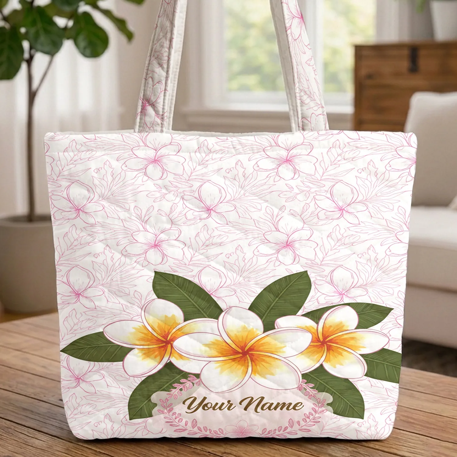 Plumeria Flowers Tropical Leaves Wreath Calligraphy - Everyday Carry Gift Quilted Tote Bag - 1