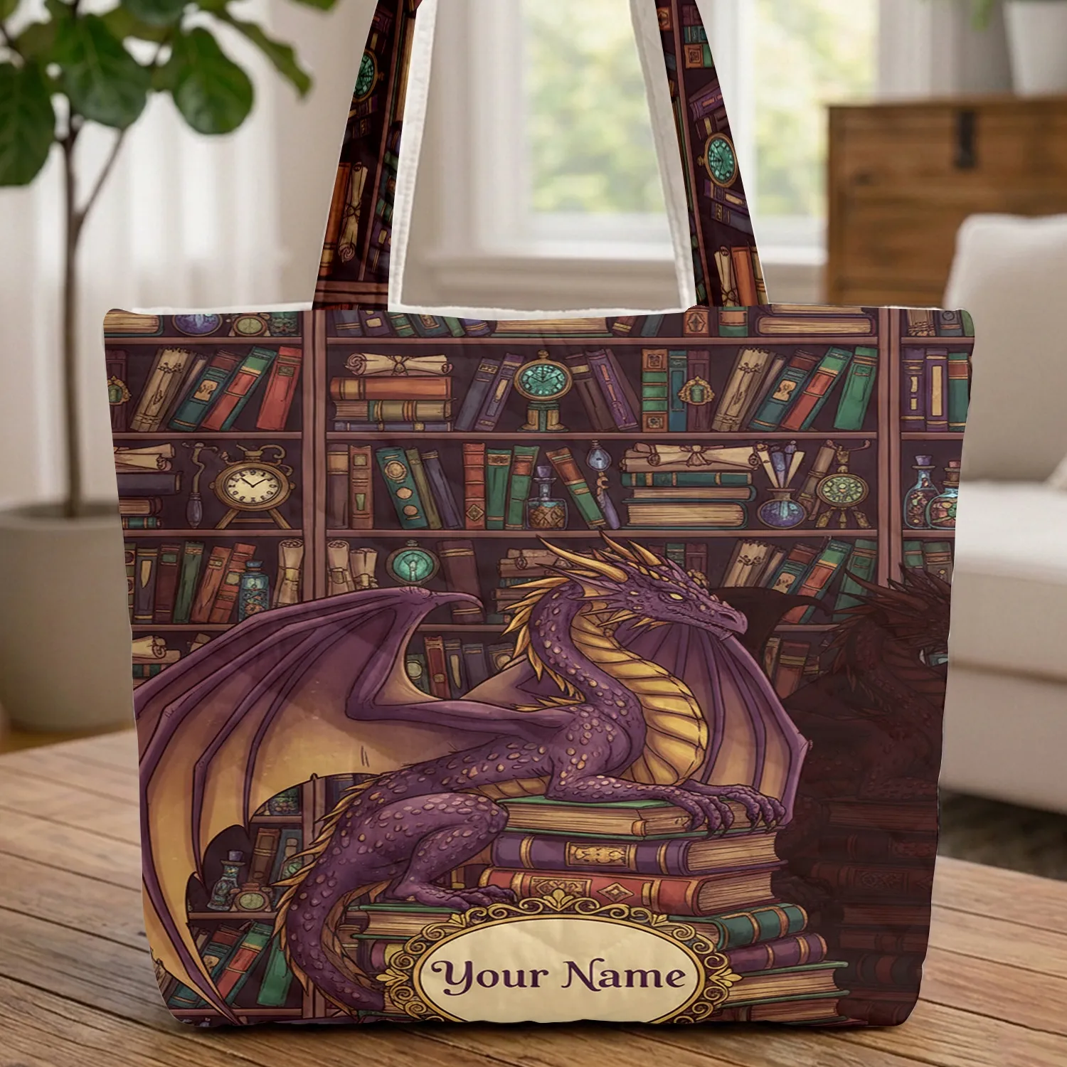Ornate Dragons Magical Bookshelf Personalized Medallion - Everyday Carry Gift for Fantasy Fan Quilted Tote Bag - 1