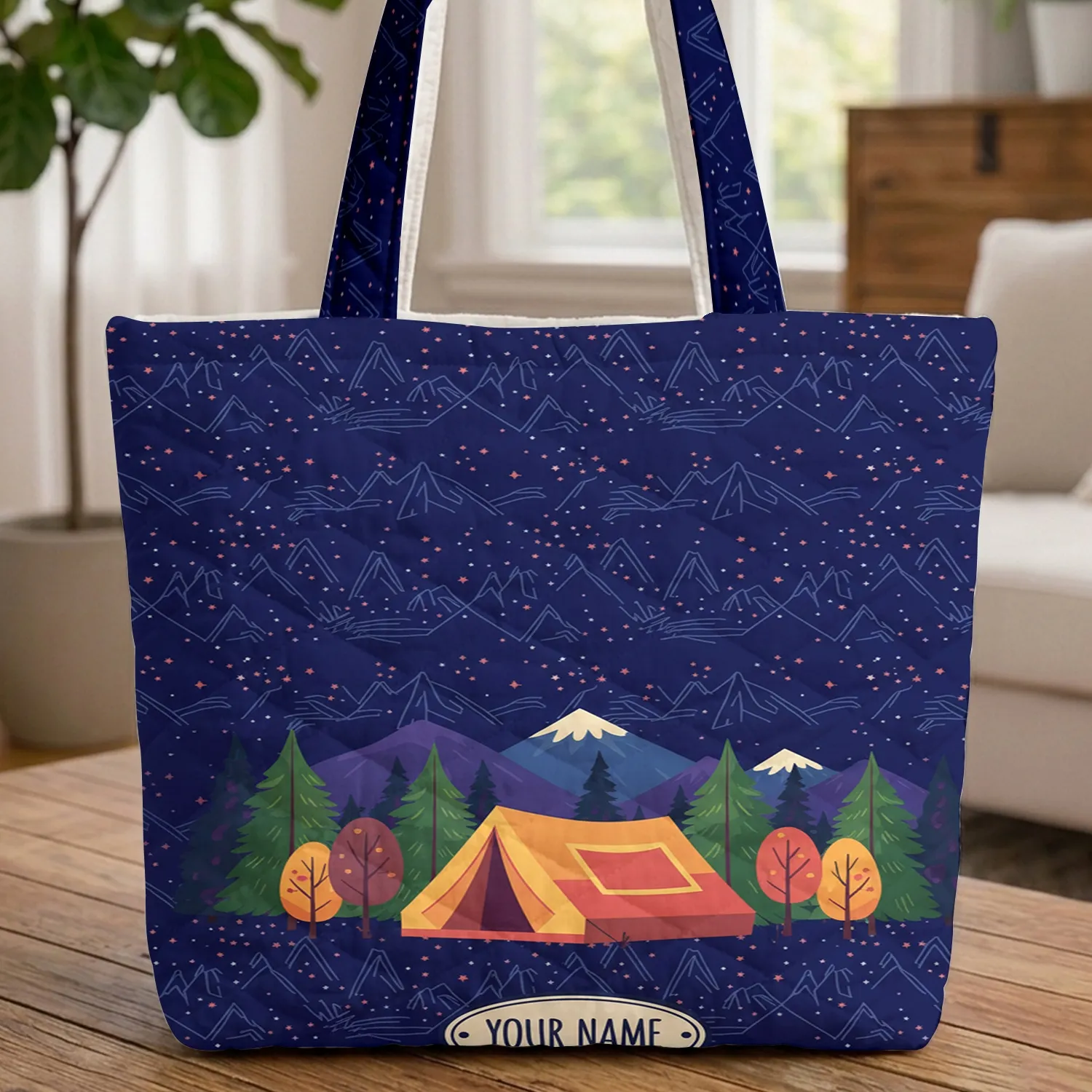 Camping Tent Forest Trees Mountain Starry Night - Adventure Lover Everyday Carry Gift Quilted Tote Bag - 1