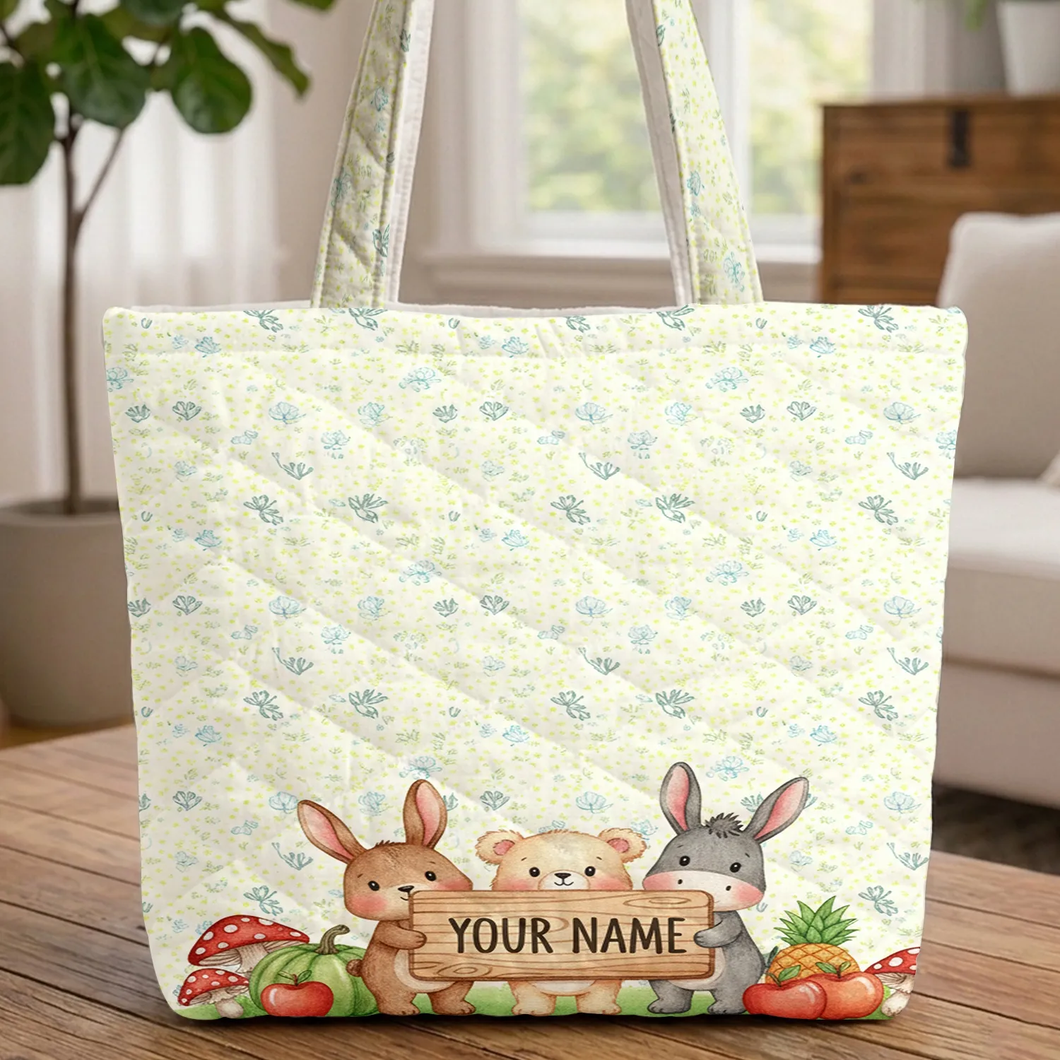Woodland Animals Personalized Sign - Everyday Carry Gift for Kids Quilted Tote Bag - 1