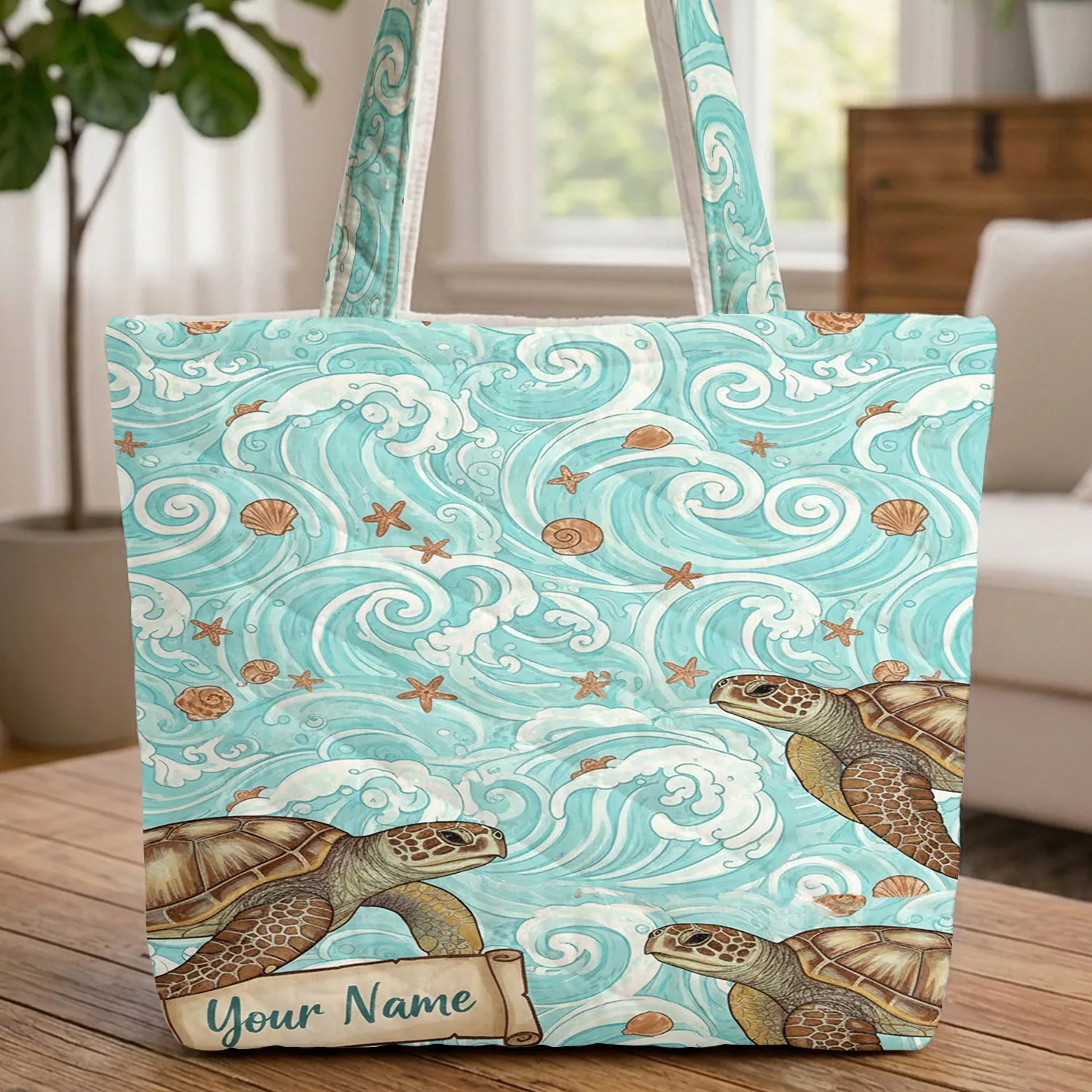 Personalized Three Sea Turtles Ocean Waves Seashells Starfish Everyday Carry Gift Quilted Tote Bag - 1