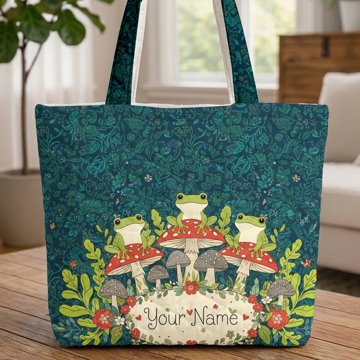 Tree Frogs Toadstools Forest Foliage Name Wreath Everyday Carry Gift for Frog Lover Quilted Tote Bag - 1