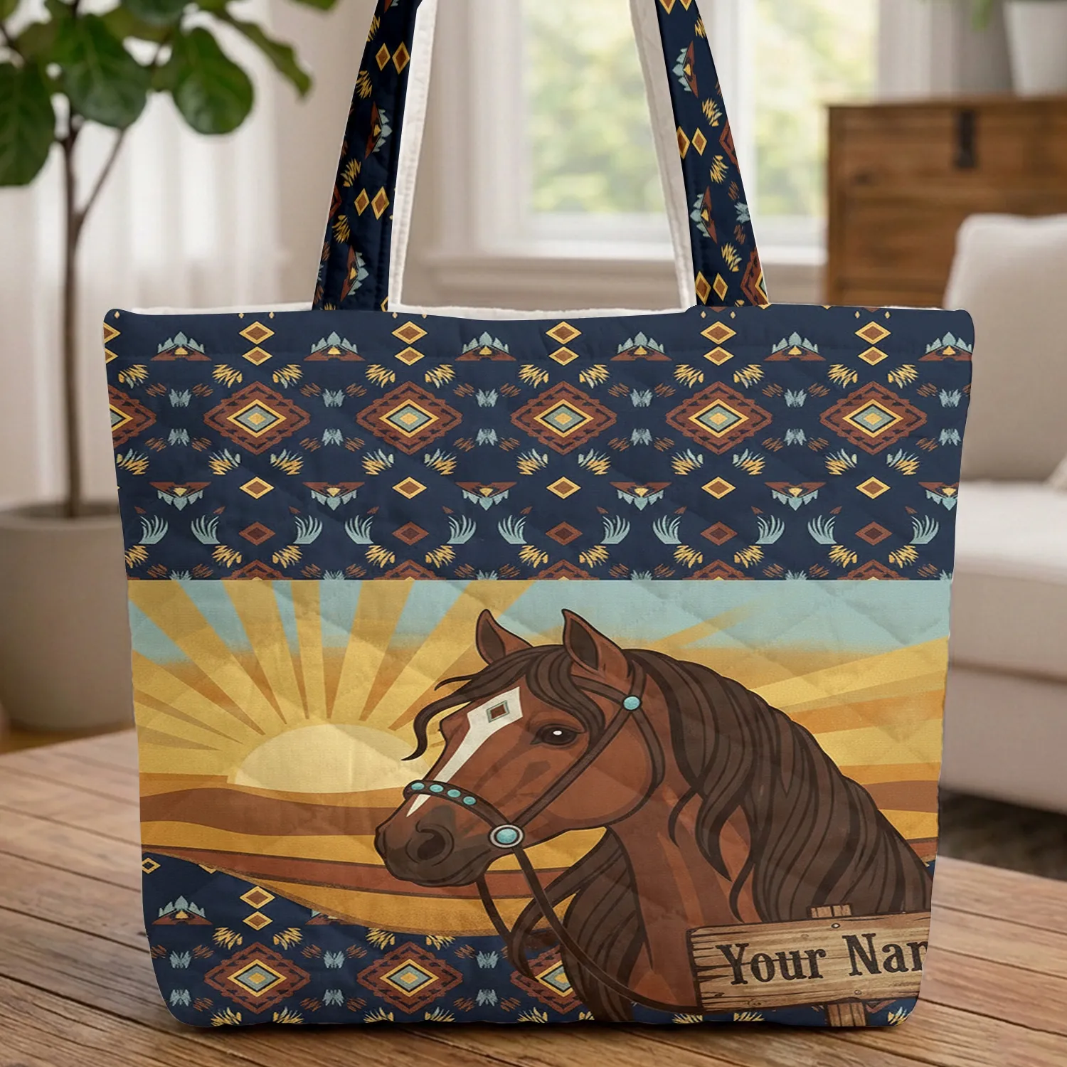 Majestic Horse Western Sunset Prairie Everyday Carry Gift for Horse Lover Quilted Tote Bag - 1
