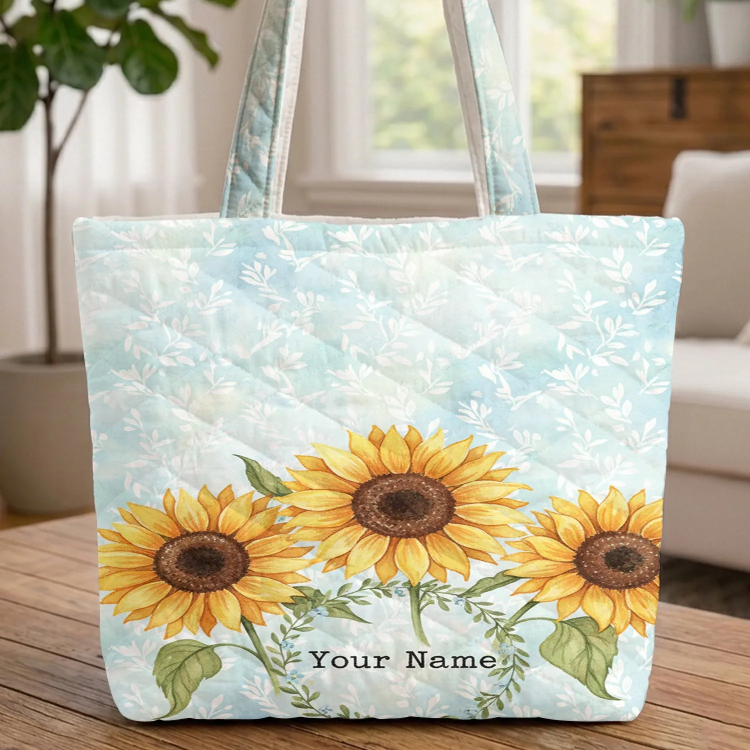 Ornate Sunflowers Blue Sky Floral Wreath Personalized Name - Everyday Carry Gift Quilted Tote Bag - 1