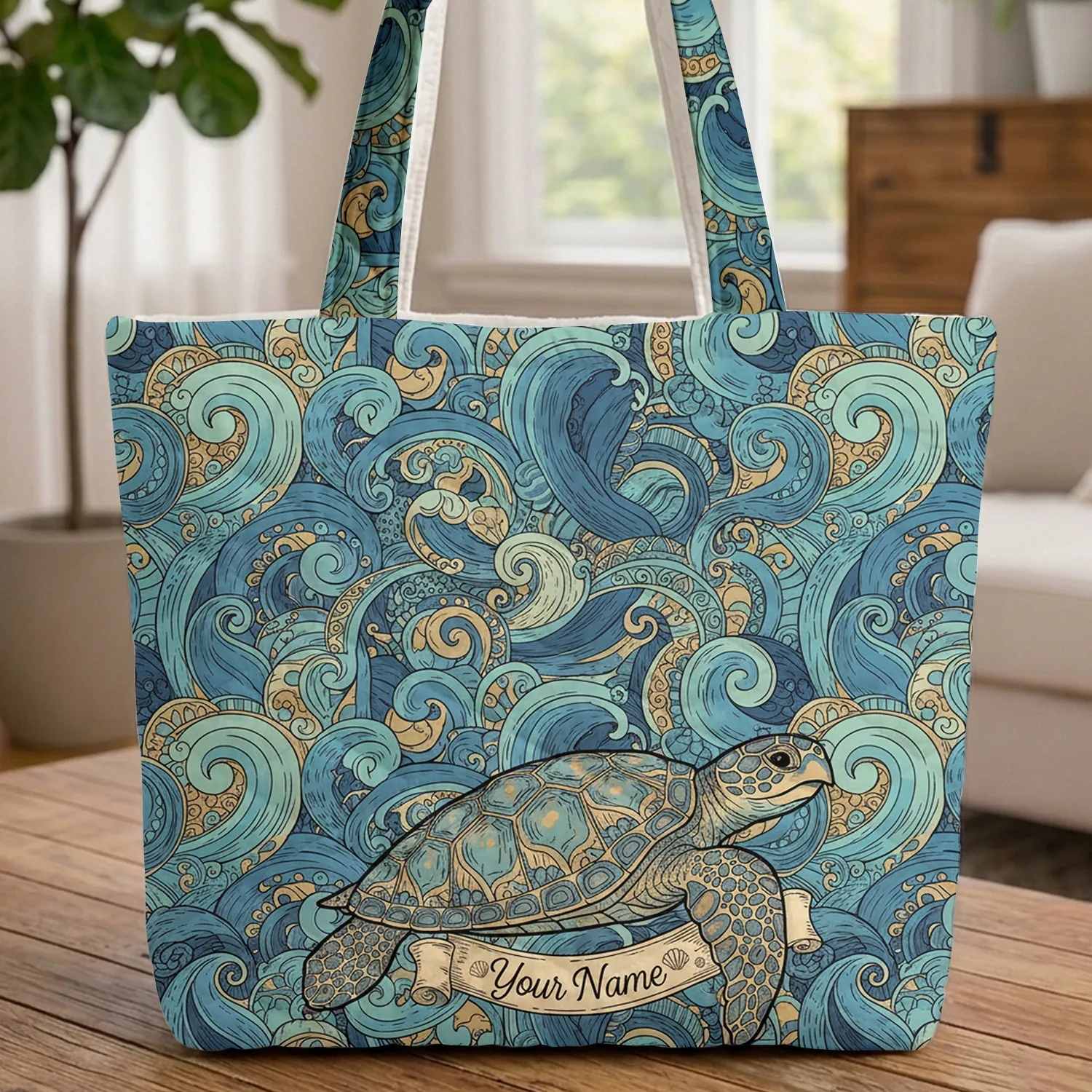 Ornate Sea Turtle Swirling Ocean Waves Curved Scroll Travel Essentials Quilted Tote Bag - 1
