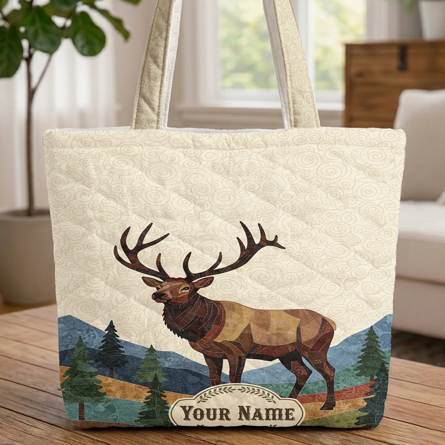 Quilting Texture Elk Antlers Pine Tree Western - Everyday Carry Gift Quilted Tote Bag - 1