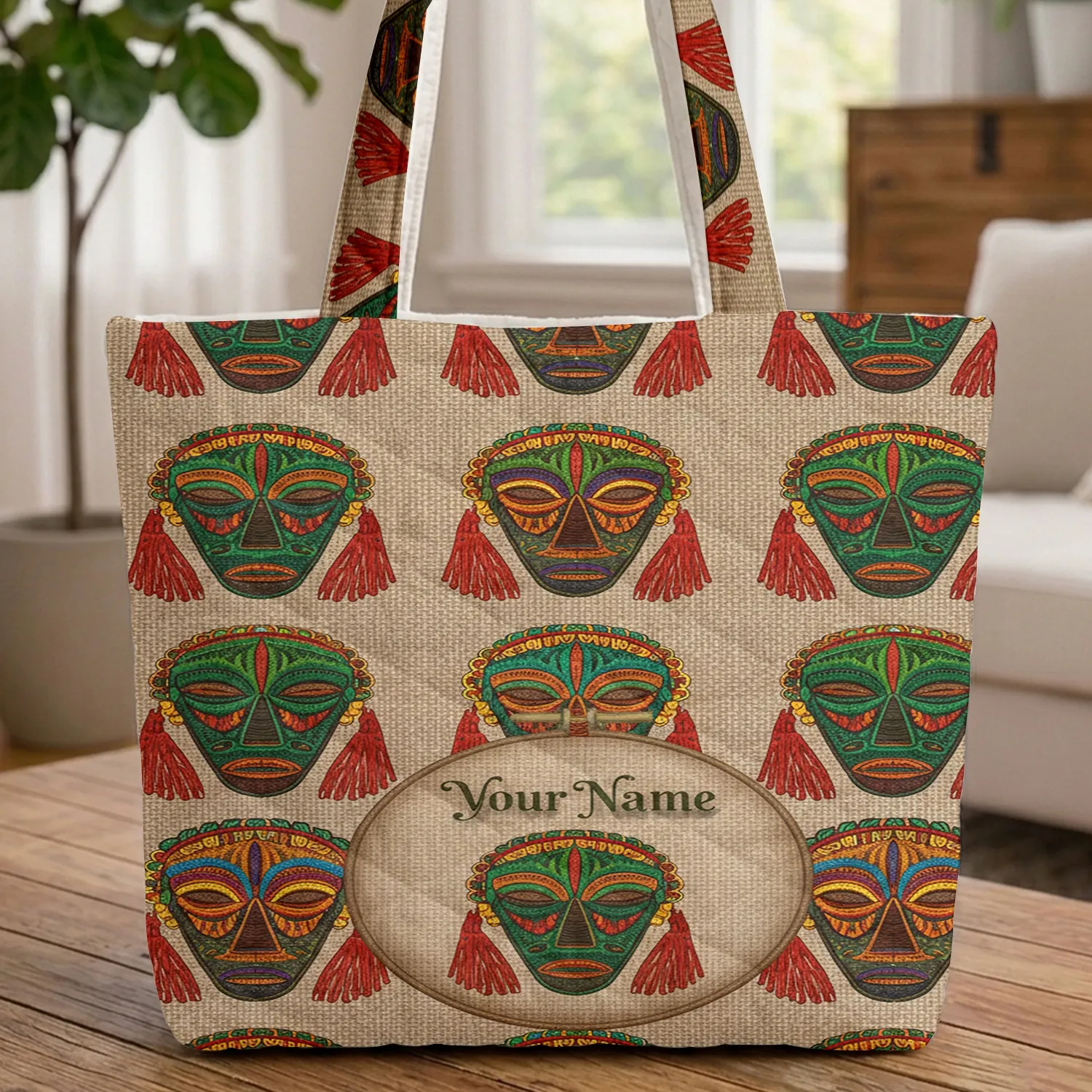 Embroidered African Tribal Masks Personalized Everyday Carry Gift Quilted Tote Bag - 1