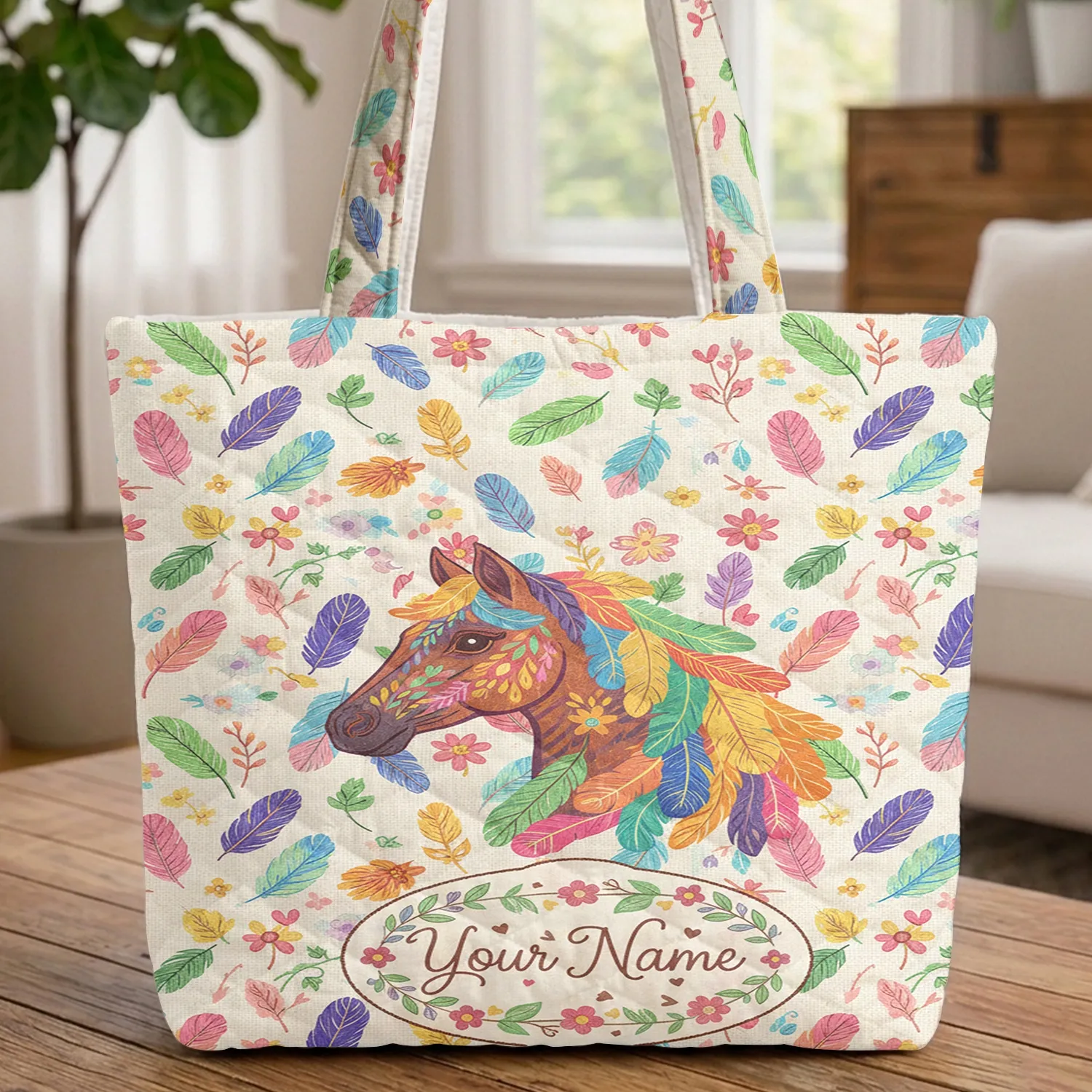 Ornate Horse Head Rainbow Feathers Wildflower Wreath Name - Everyday Carry Gift Quilted Tote Bag - 1