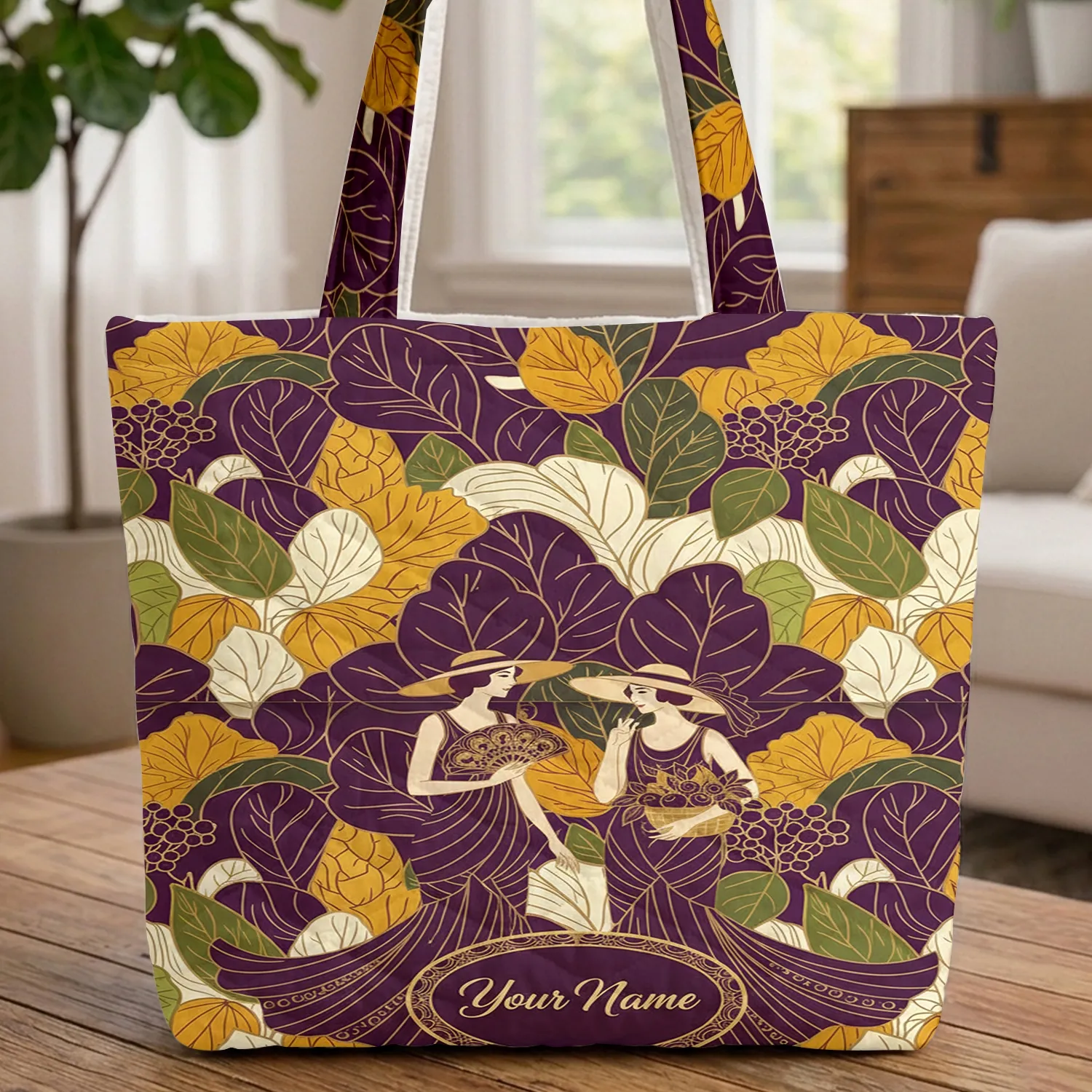 Autumn Leaves Berries Elegant Ladies Personalized Name Oval - Everyday Carry Gift Quilted Tote Bag - 1