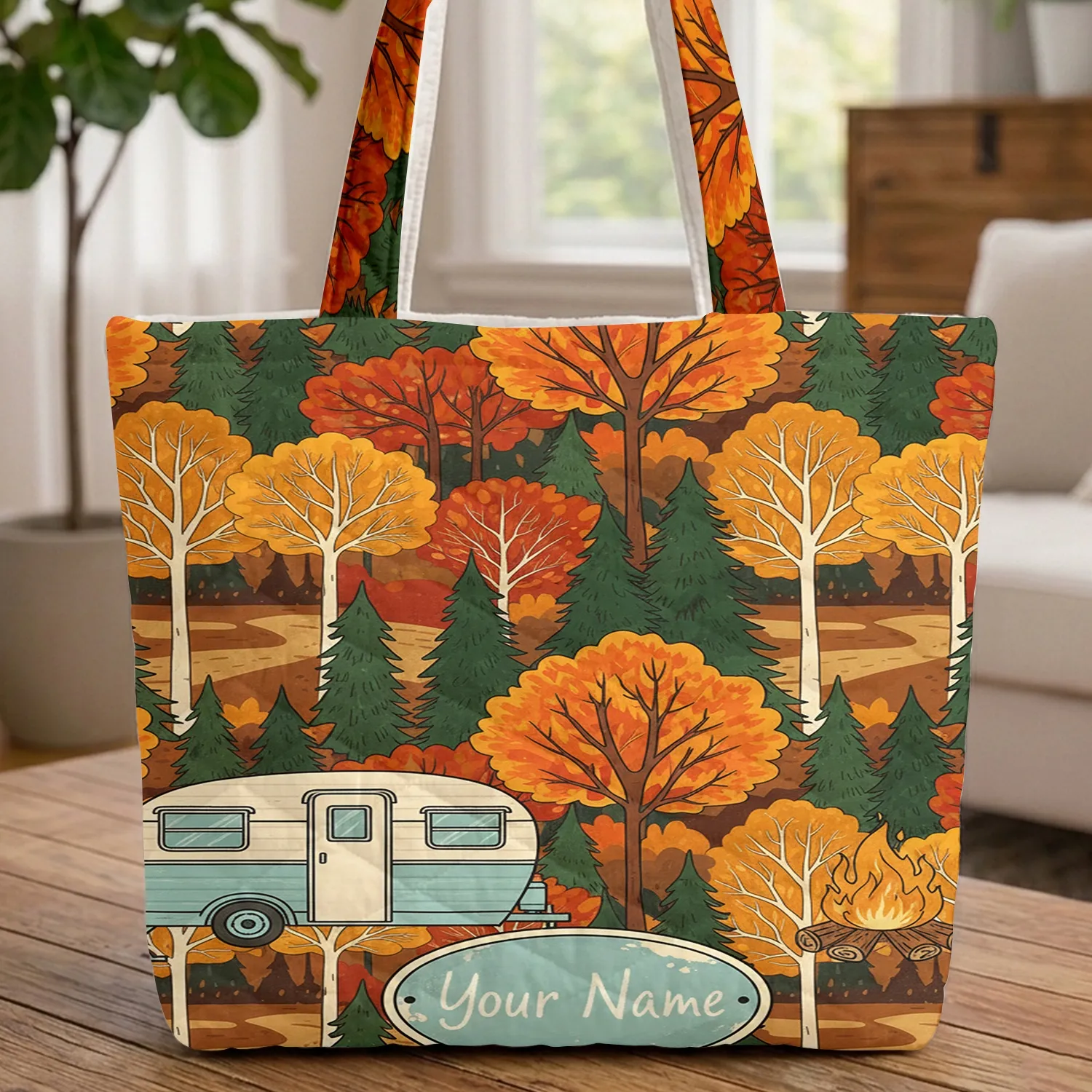 Personalized Retro Camper Campfire Autumn Forest - Everyday Carry Gift Quilted Tote Bag - 1
