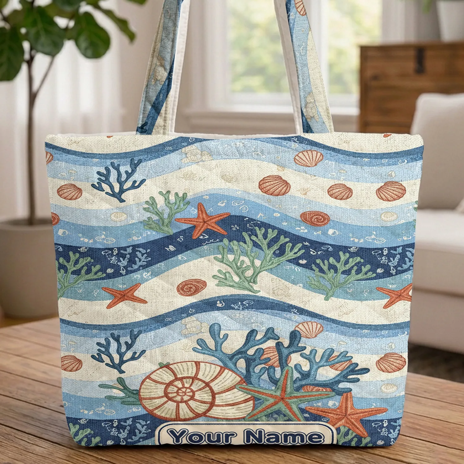 Seashell Starfish Coral Sand Personalized Name Everyday Carry Gift Quilted Tote Bag - 1