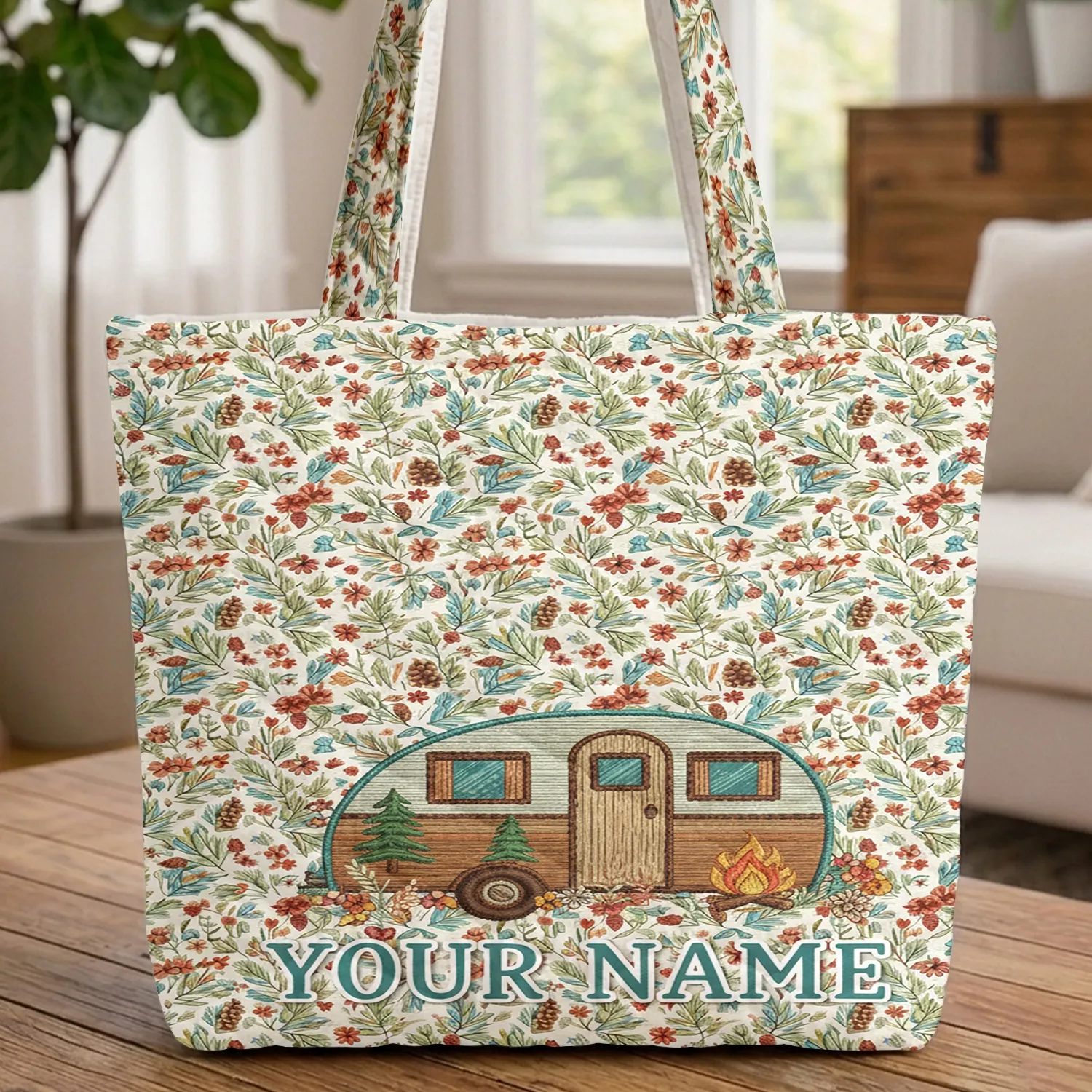 Vintage Tear Drop Camper Pinecone Wildflower Pine Tree Campfire - Outdoor Travel Adventures Quilted Tote Bag - 1