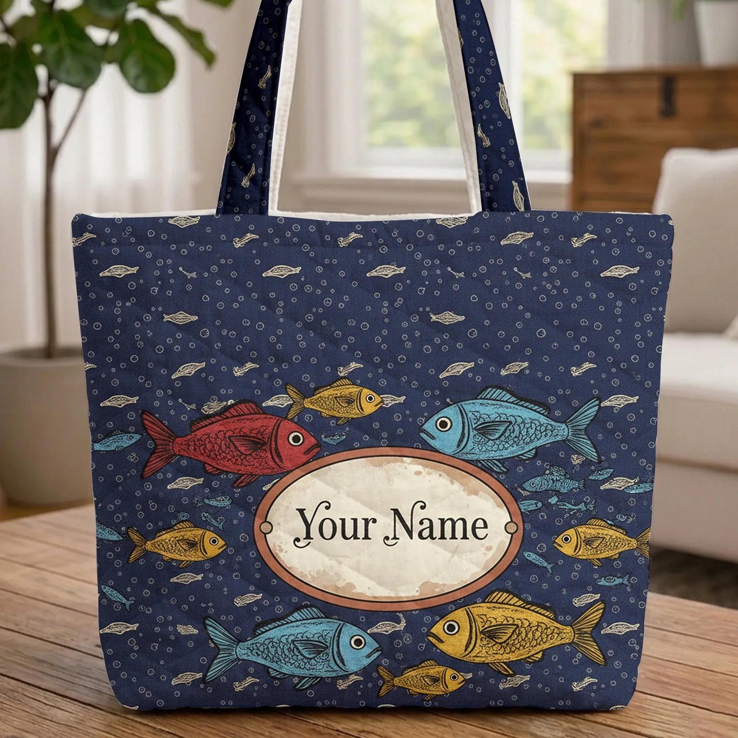 Distressed Enamel Plaque Personalized Fish - Everyday Carry Gift for Fish Lover Quilted Tote Bag - 1