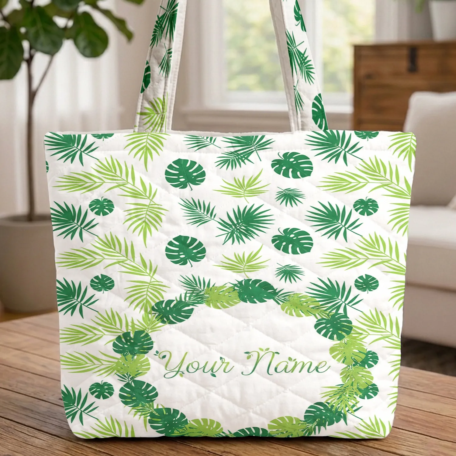 Personalized Name Modern Botanical Clean Tropical Palm Monstera Leaf Wreath Everyday Carry Quilted Tote Bag - 1