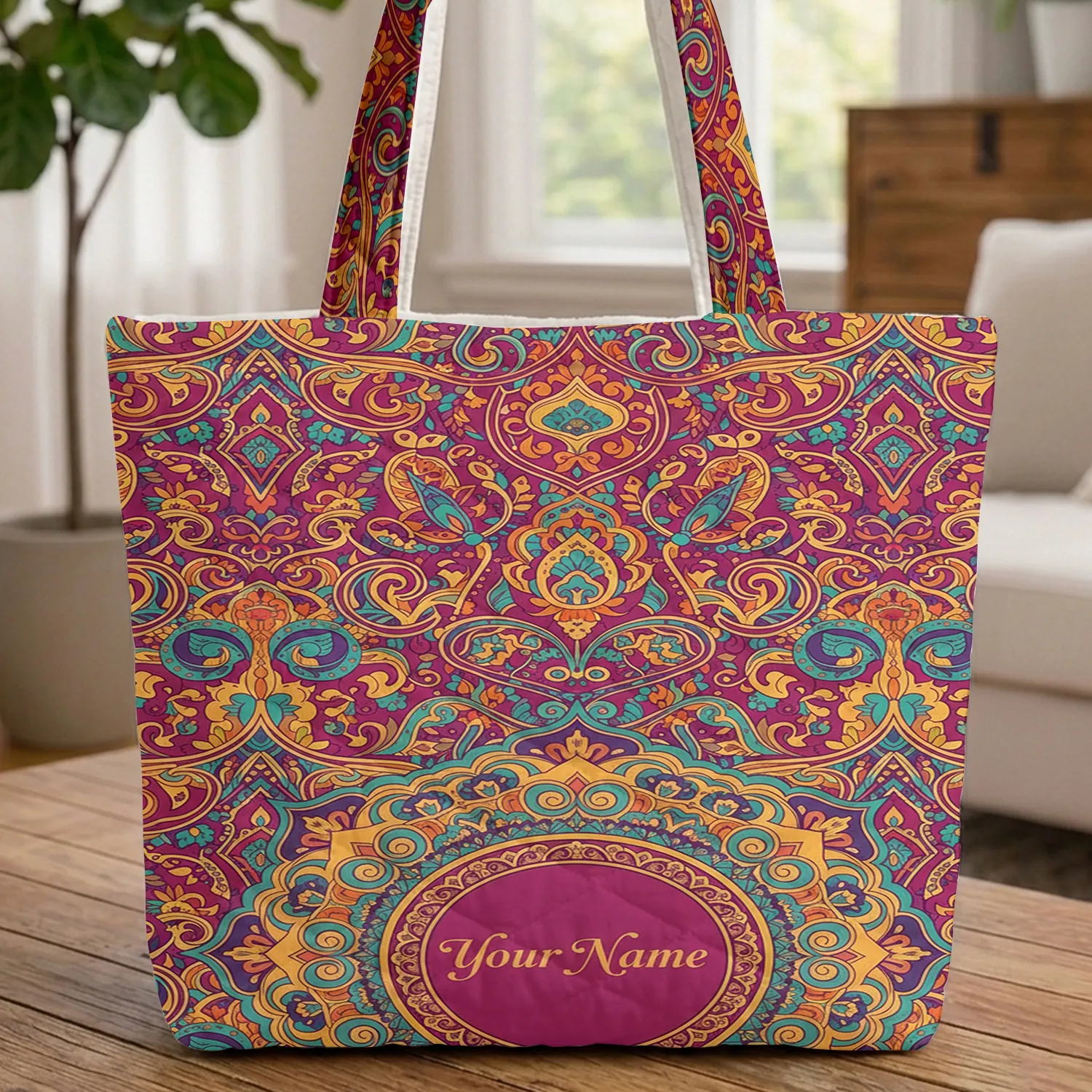 Personalized Medallion Paisley Floral Geometric - Everyday Carry Gift Quilted Tote Bag - 1