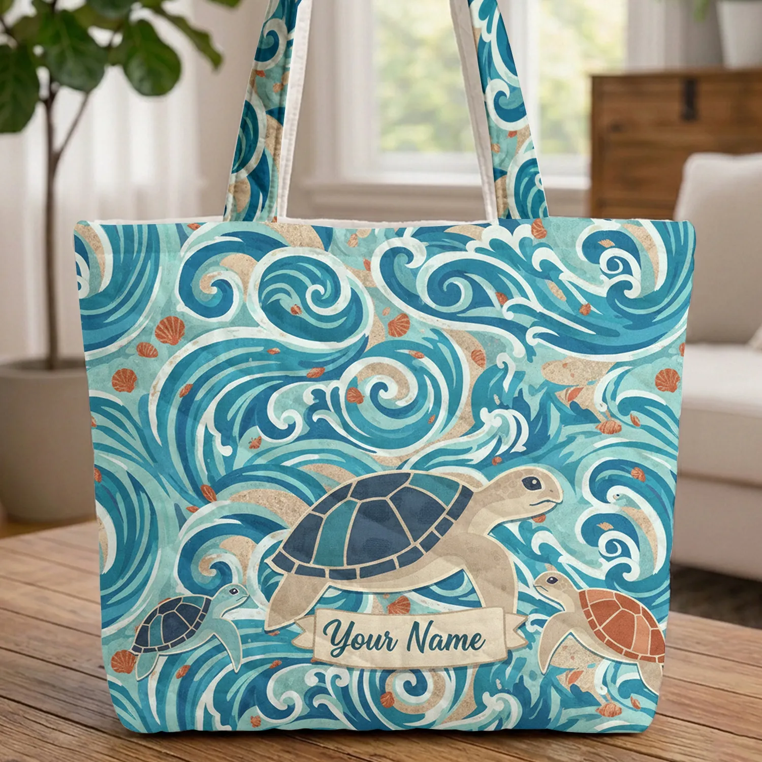Sea Turtles Ocean Waves Scroll - Ocean Lover Travel Essentials Gift Quilted Tote Bag - 1