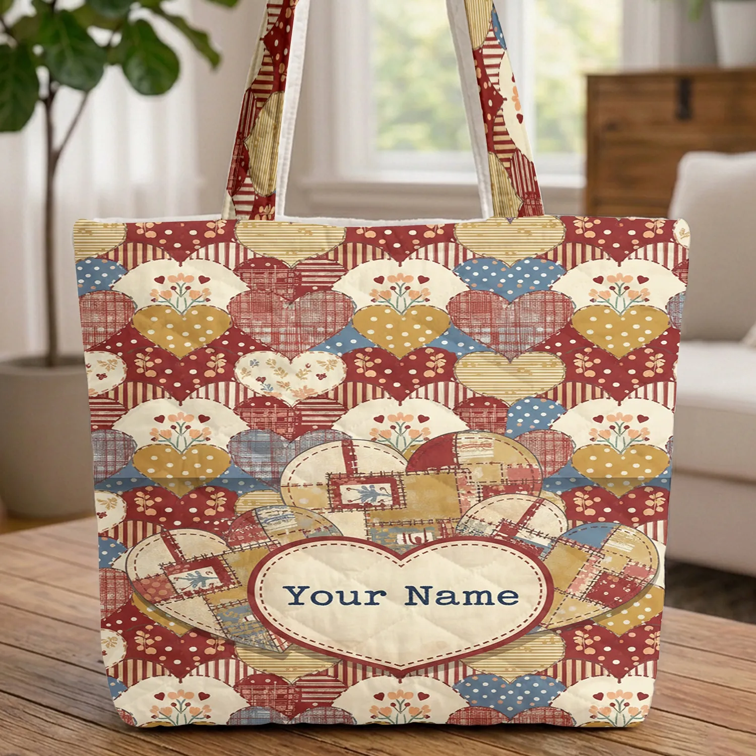 Homespun Folk Art Patchwork Hearts Personalized - Everyday Carry Gift Quilted Tote Bag - 1
