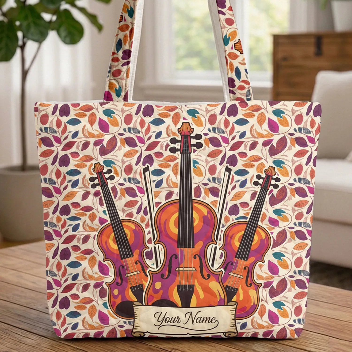 Violins Scroll Autumn Leaf Music Lover Everyday Carry Gift Quilted Tote Bag - 1