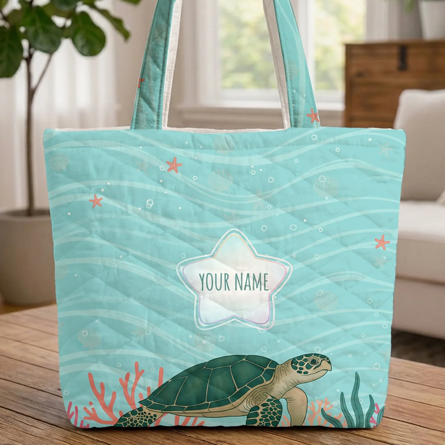 Elegant Sea Turtle Coral Reefs Starfish - Everyday Carry Gift Wildlife Lover Gift Quilted Tote Bag - 1