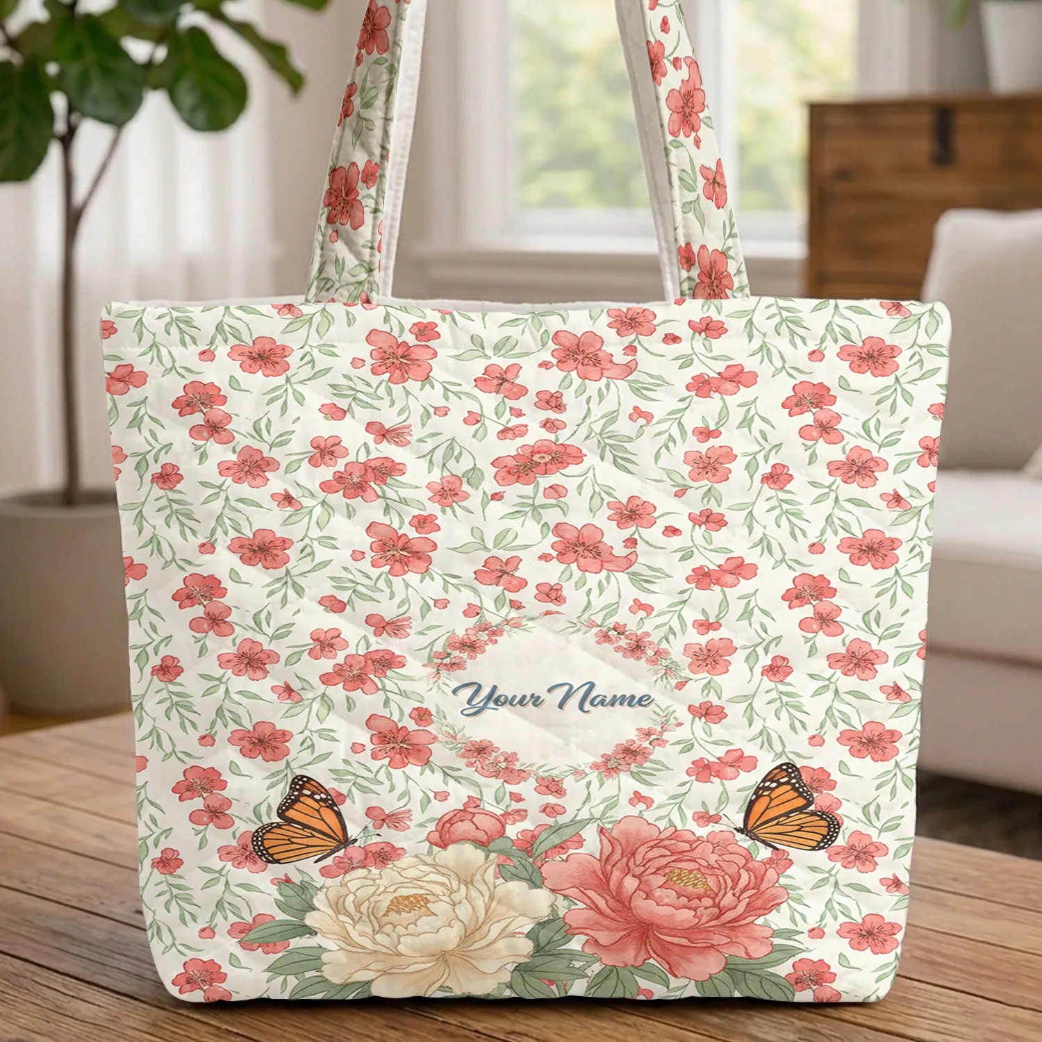 Peony Monarch Butterfly Floral Wreath Peach Blossom Willow Leaf Everyday Carry Gift Quilted Tote Bag - 1