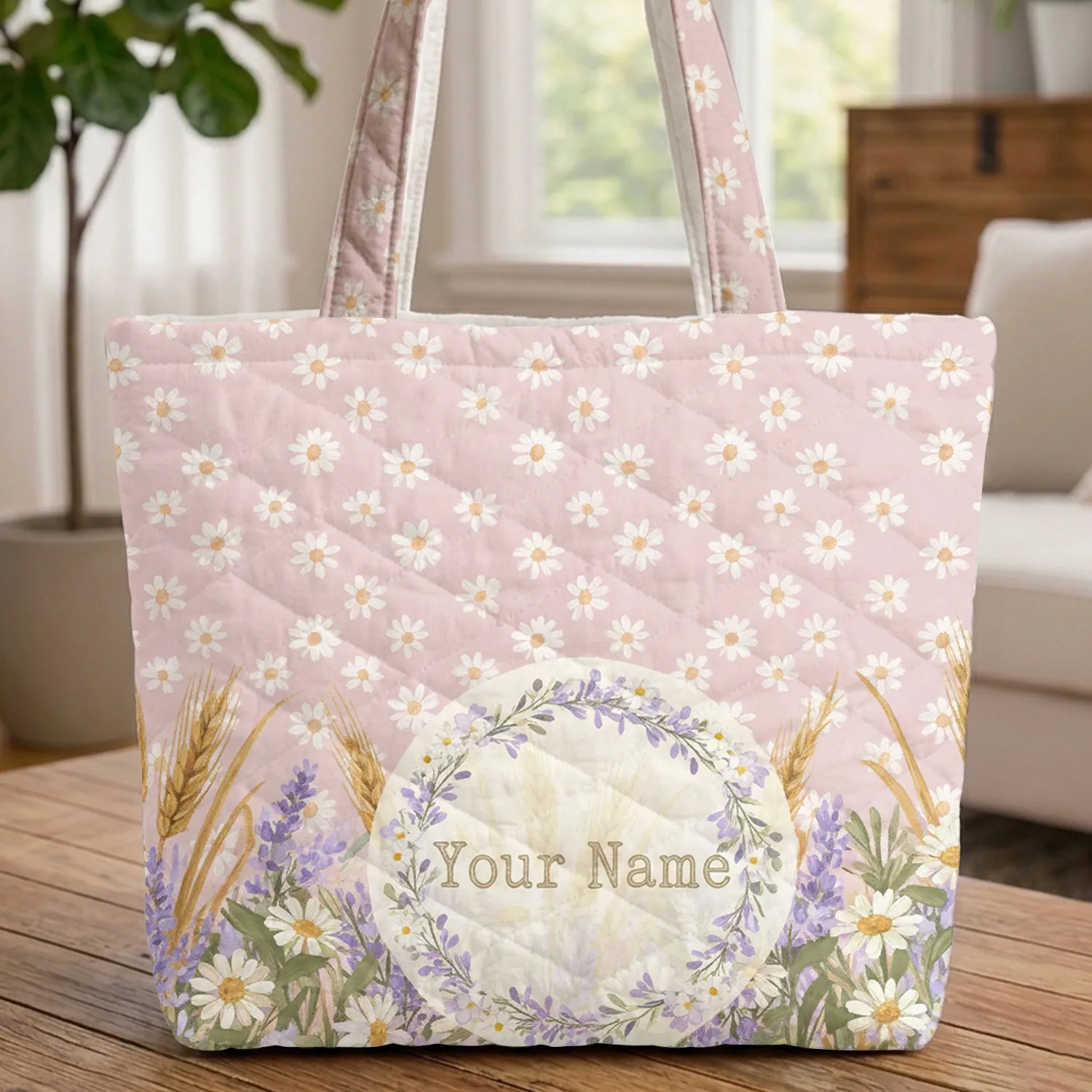 Daisies Lavender Golden Wheat Personalized Name - Everyday Carry Gift Quilted Tote Bag - 1