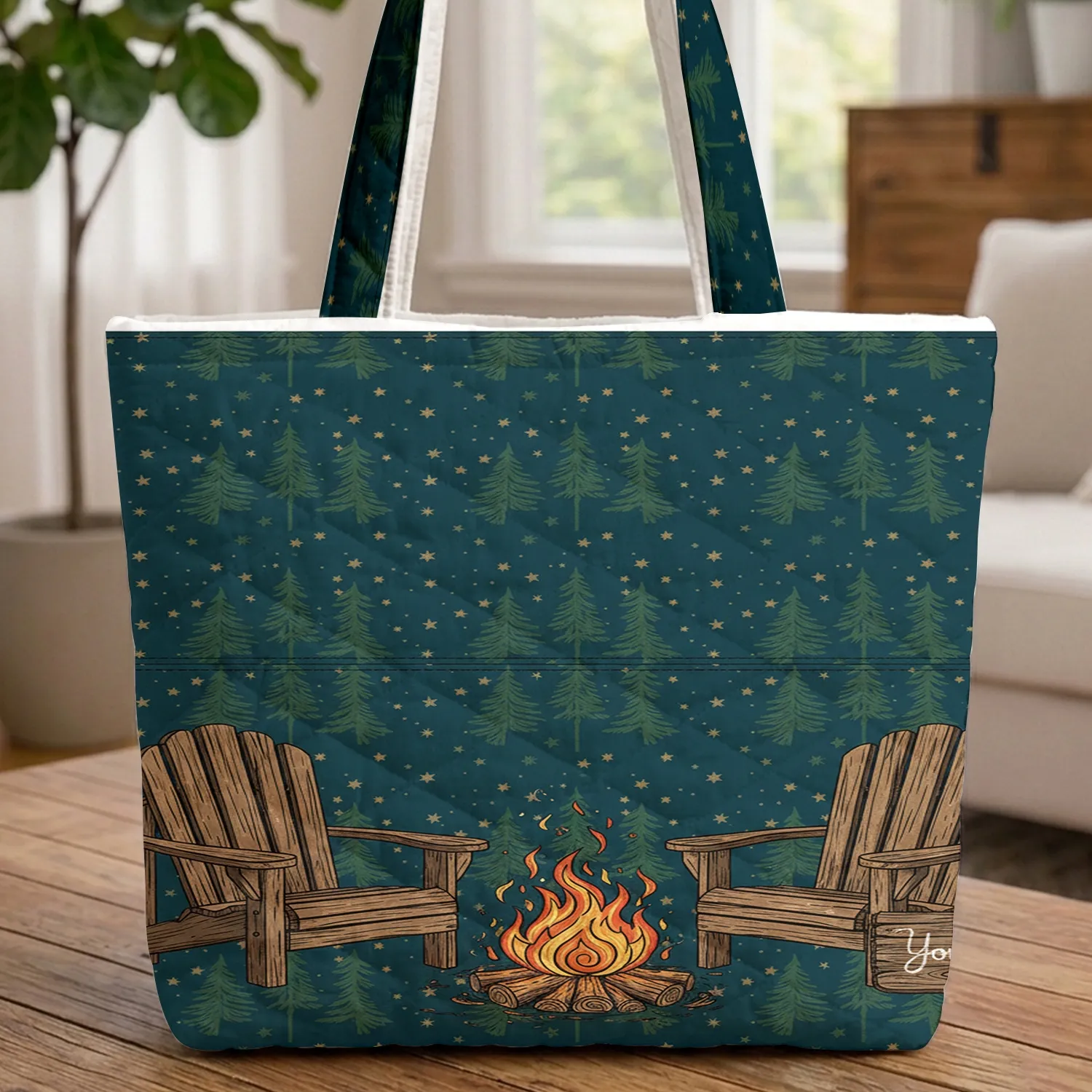 Rustic Adirondack Chairs Campfire Pine Trees Night Sky - Everyday Carry Gift Quilted Tote Bag - 1