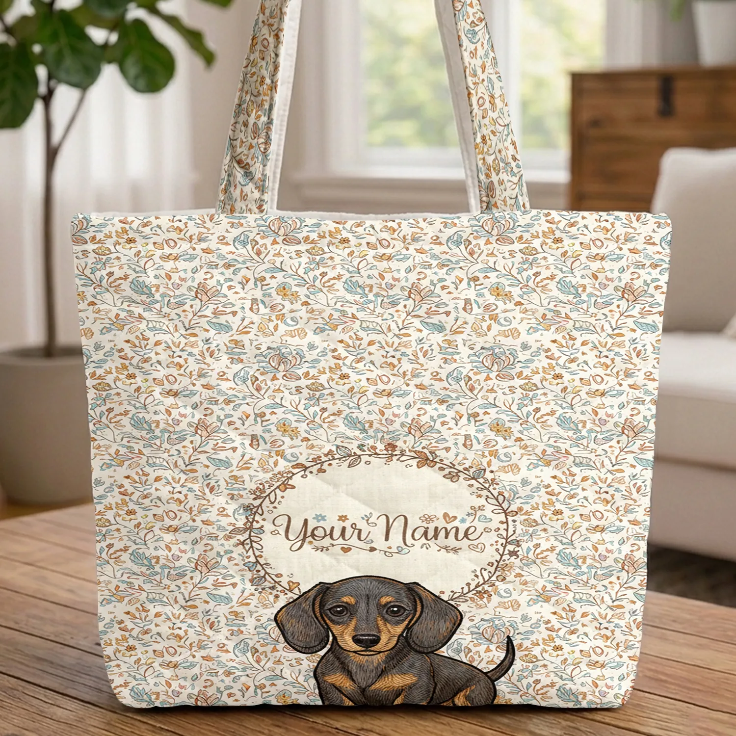 Dachshund Puppy Floral Wreath Botanical Vines - Everyday Carry Gift for Dog Lovers Quilted Tote Bag - 1