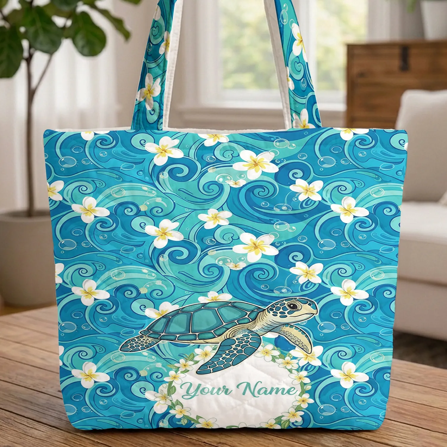 Personalized Sea Turtle Ocean Waves Plumeria - Everyday Carry Ocean Lover Gift Quilted Tote Bag - 1