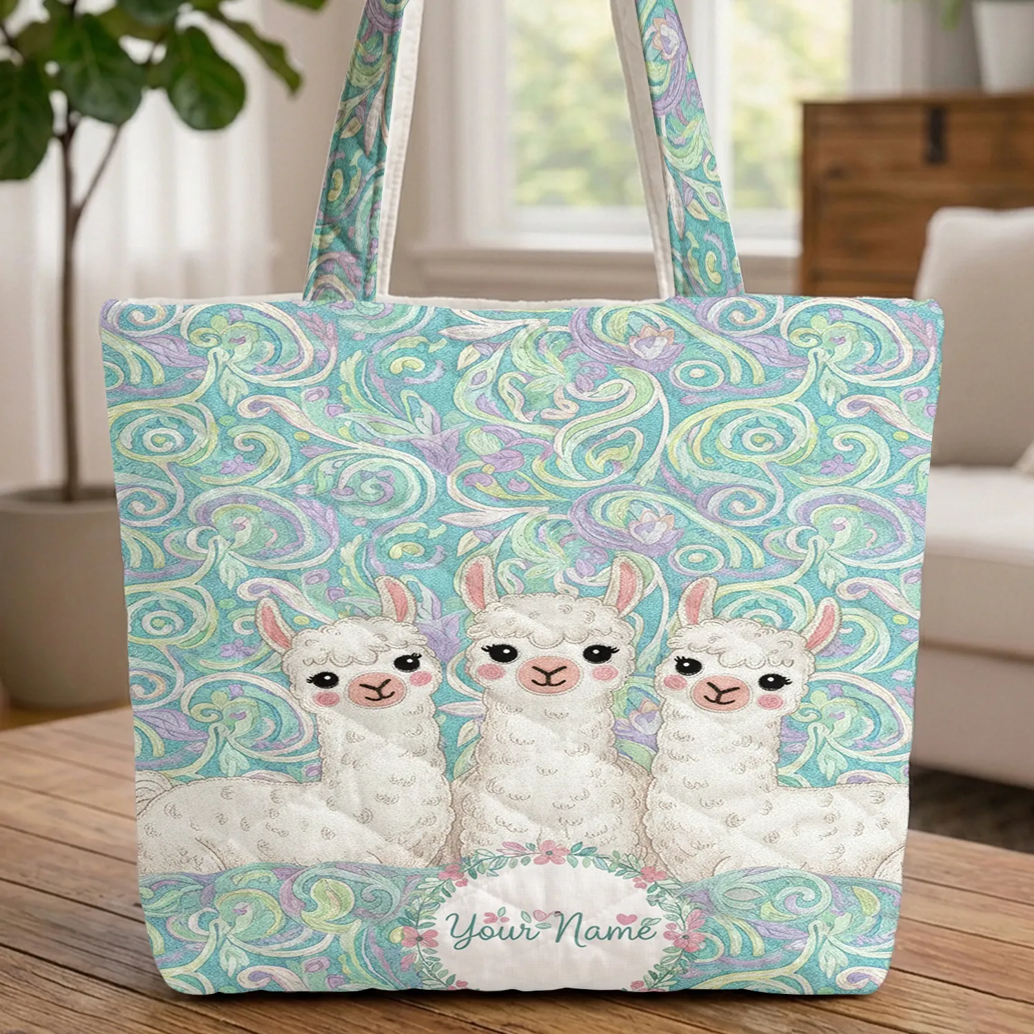 White Llamas Botanical Floral Wreath Personalized Name Everyday Carry Gift Quilted Tote Bag - 1