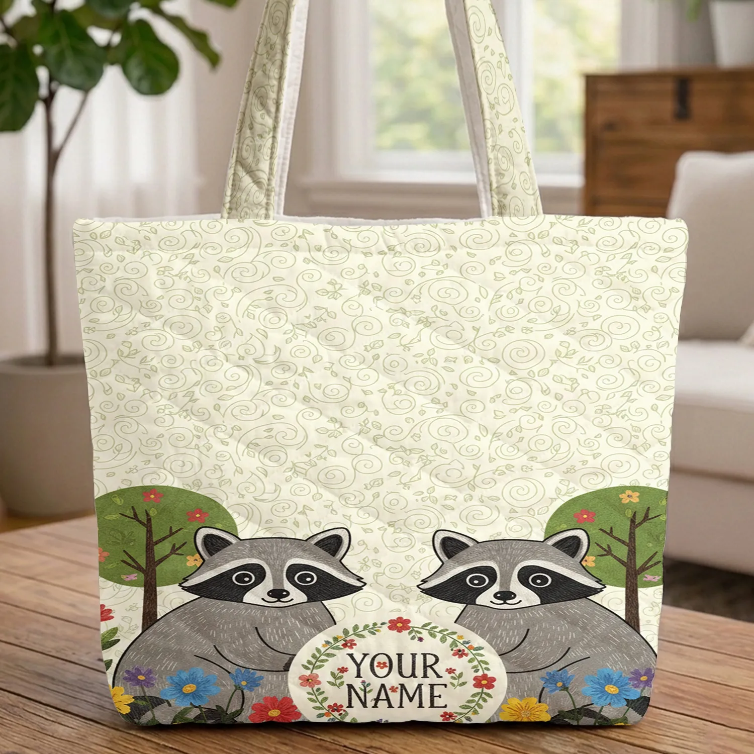 Raccoons Wildflower Floral Wreath Your Name - Wildlife Lover Gift Quilted Tote Bag - 1
