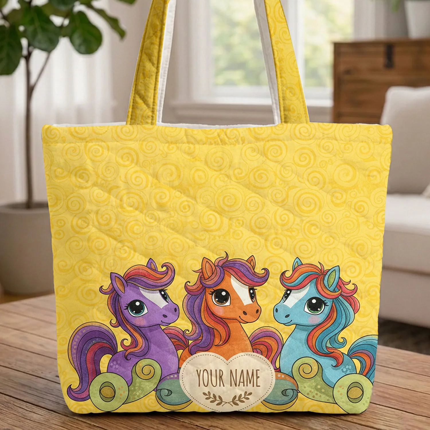 Horse Trio Interlocking Swirls Name Heart Flourish Everyday Carry Gift for Kids Quilted Tote Bag - 1