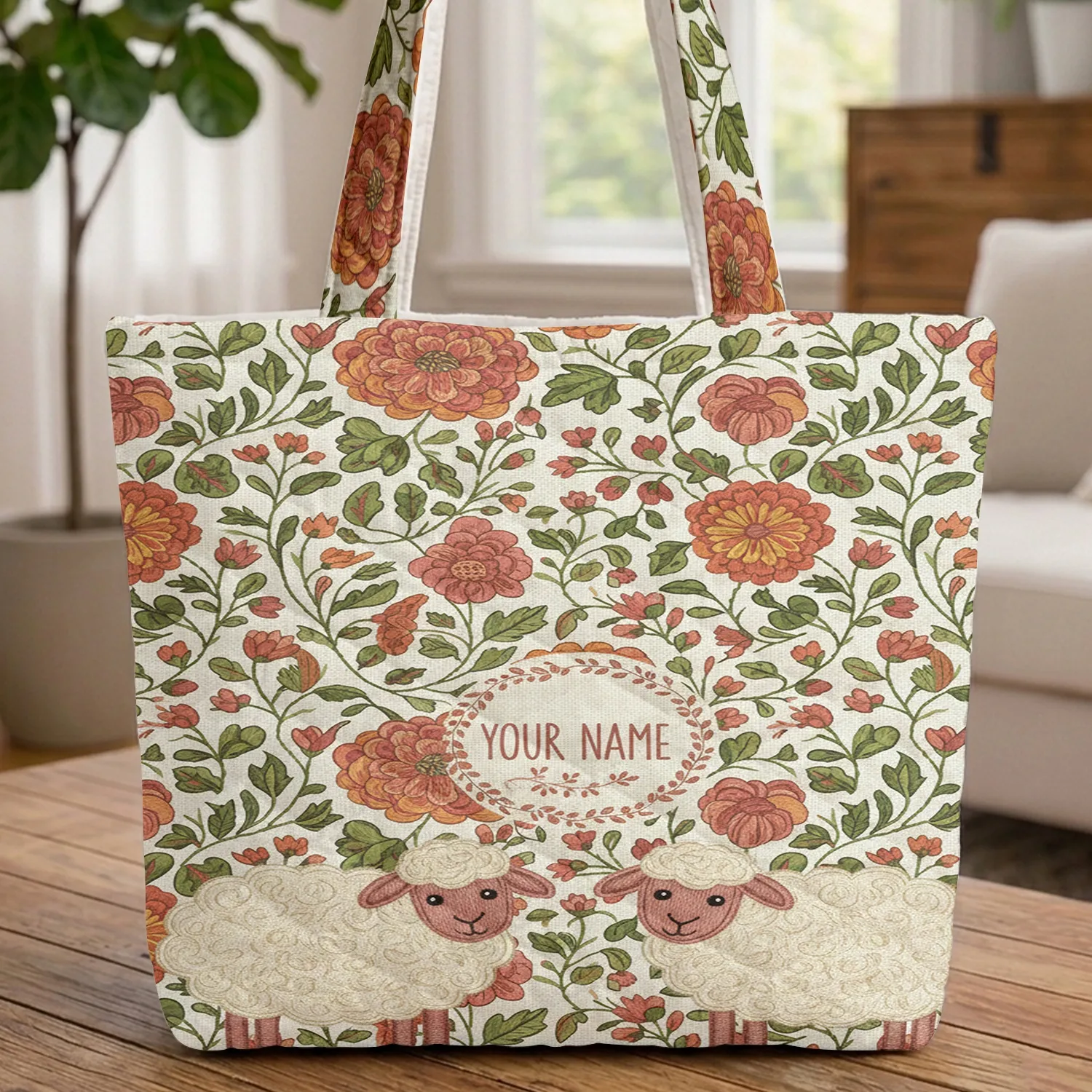 Botanical Vines Blooming Flowers Plush Sheep Floral Wreath Personalized Name - Everyday Carry Gift Quilted Tote Bag - 1