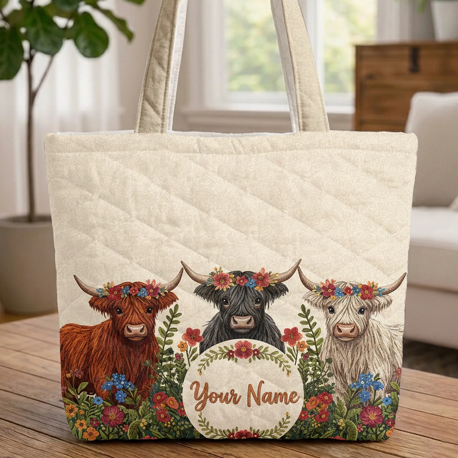 Highland Cow Wildflower Floral Wreath Personalized Name - Everyday Carry Gift for Cow Lover Quilted Tote Bag - 1