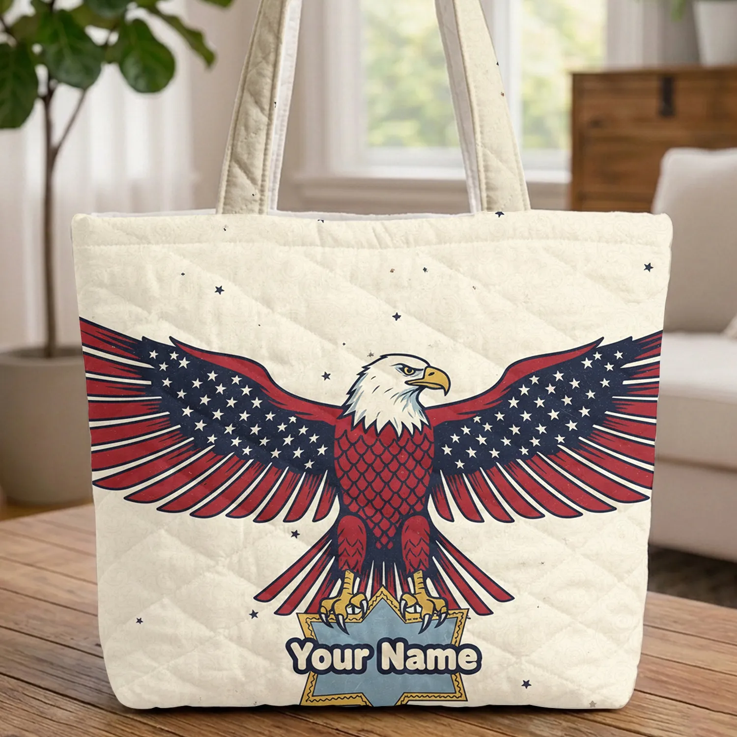 Bald Eagle American Flag Star - Patriotic Everyday Carry Gift for American Flag Lovers Quilted Tote Bag - 1
