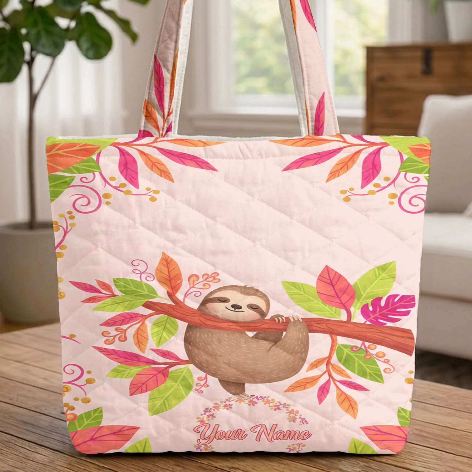 Sloth Tropical Foliage Leaf Wreath Personalized Name - Everyday Carry Gift for Sloth Lover Quilted Tote Bag - 1