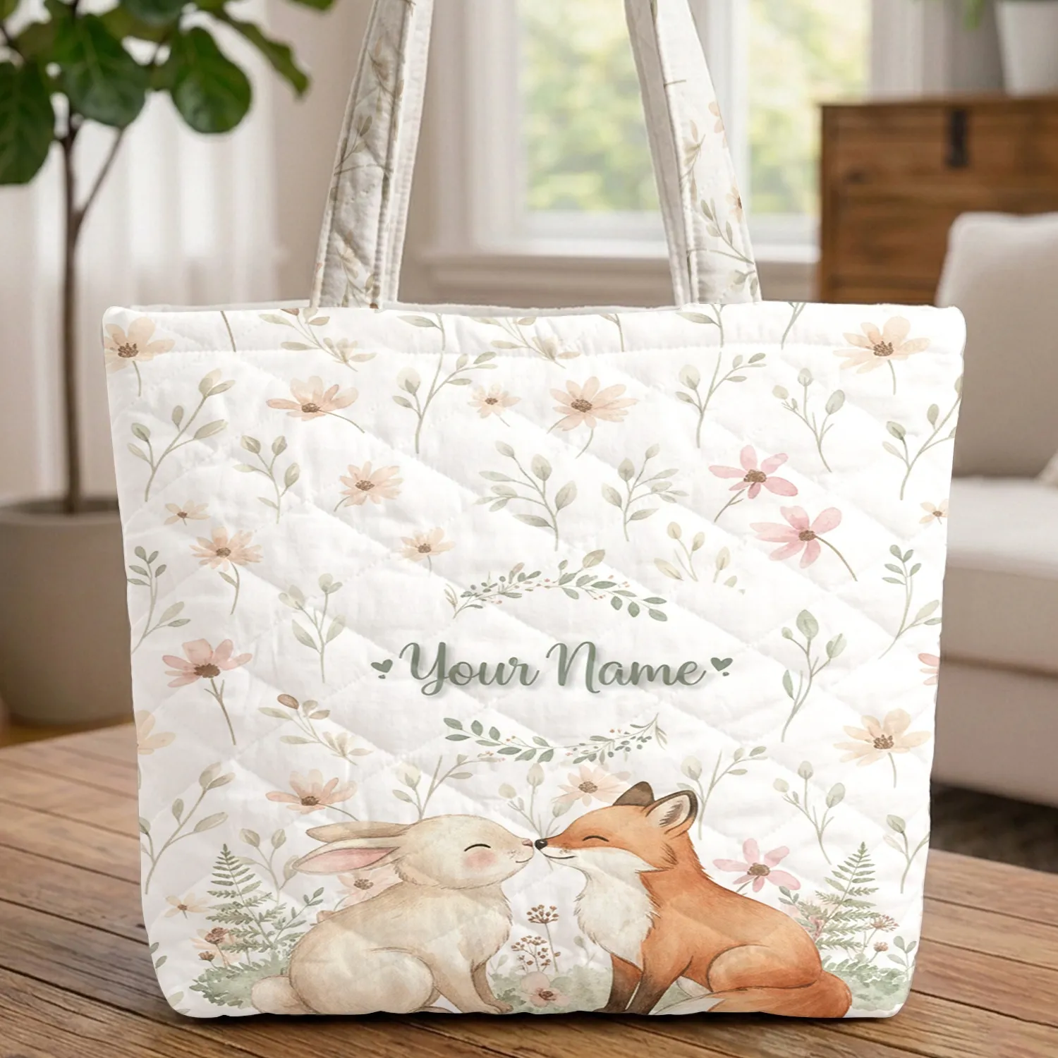 Playful Forest Animals Wildflower Wreath Personalized Name - Everyday Carry Gift Quilted Tote Bag - 1