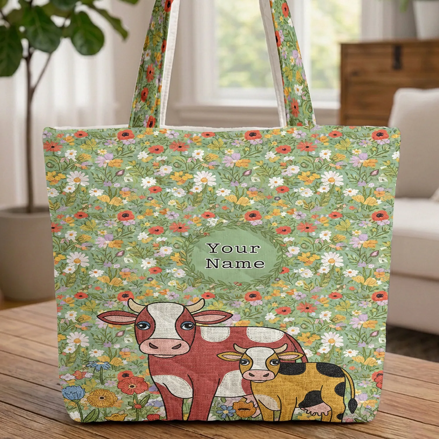 Cows Wildflower Meadow Personalized Floral Wreath Cottagecore Everyday Carry Gift Quilted Tote Bag - 1